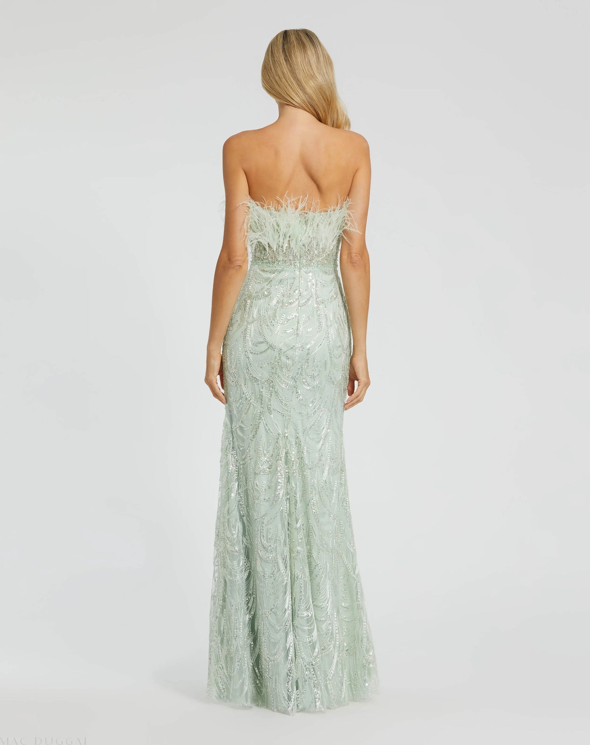 Green Strapless Feather Bustier Gown with Embroidery - Mac Duggal
