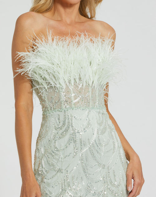 Green Strapless Feather Bustier Gown with Embroidery