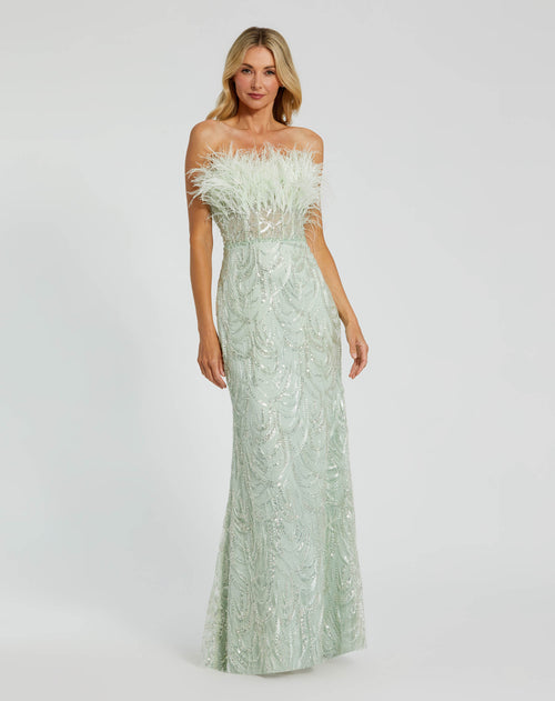 Green Strapless Feather Bustier Gown with Embroidery