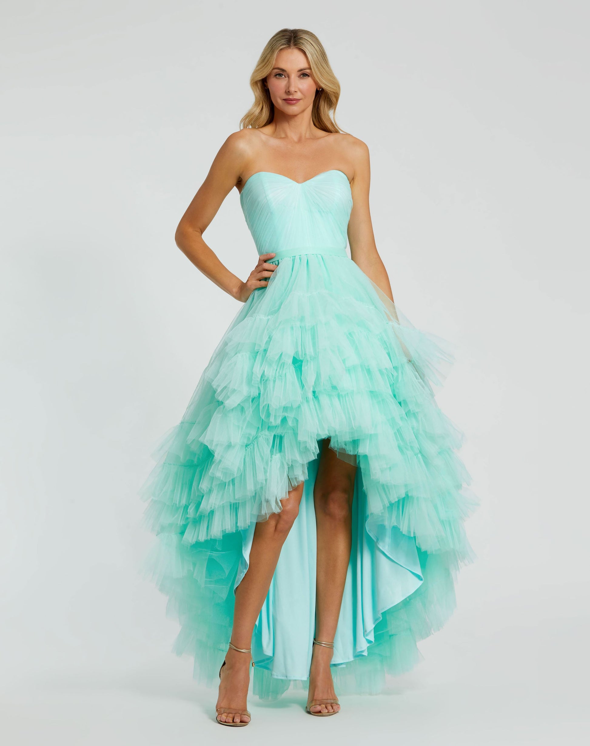 Strapless Ruched Sweetheart Ruffle High Low Gown