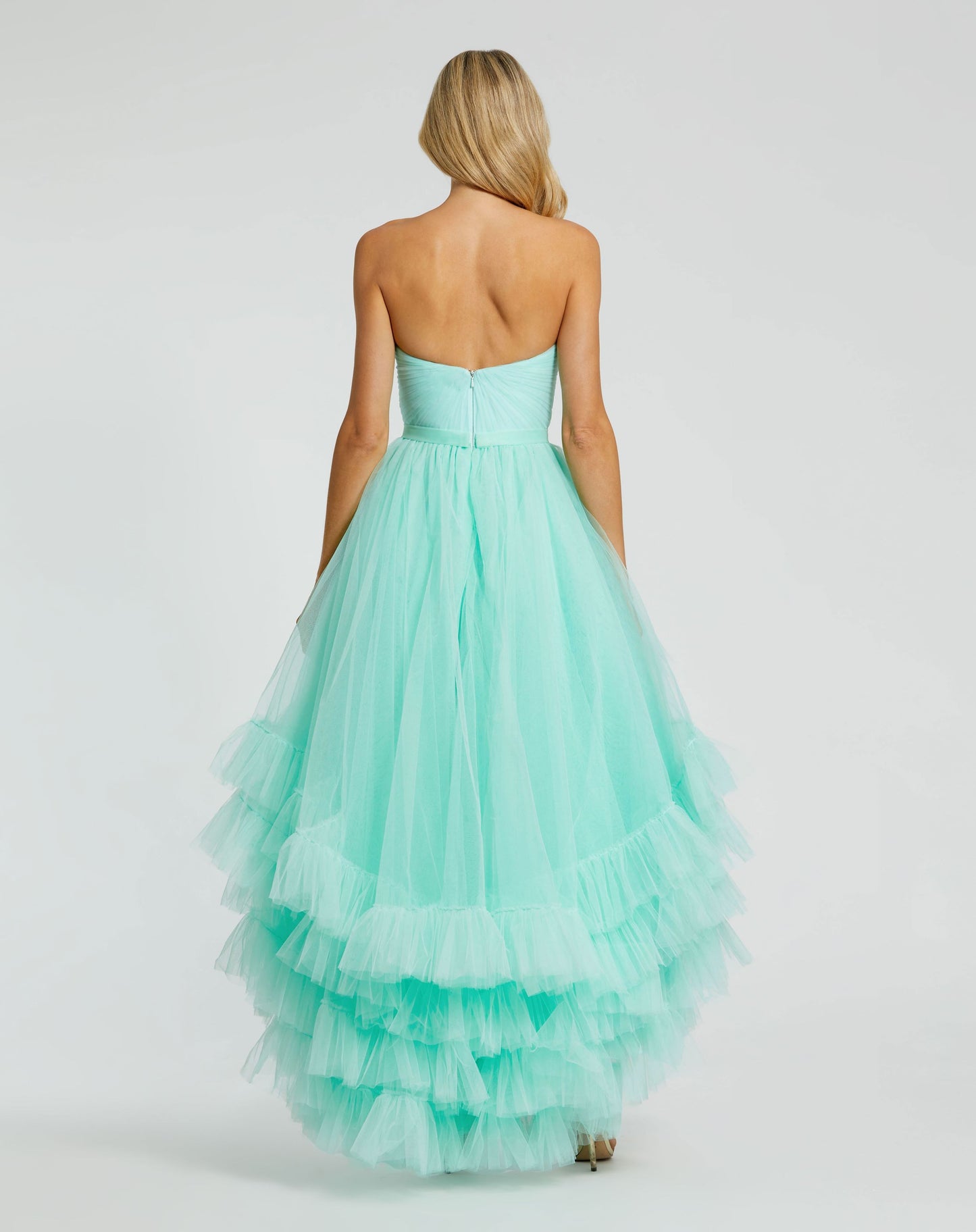 Strapless Ruched Sweetheart Ruffle High Low Gown