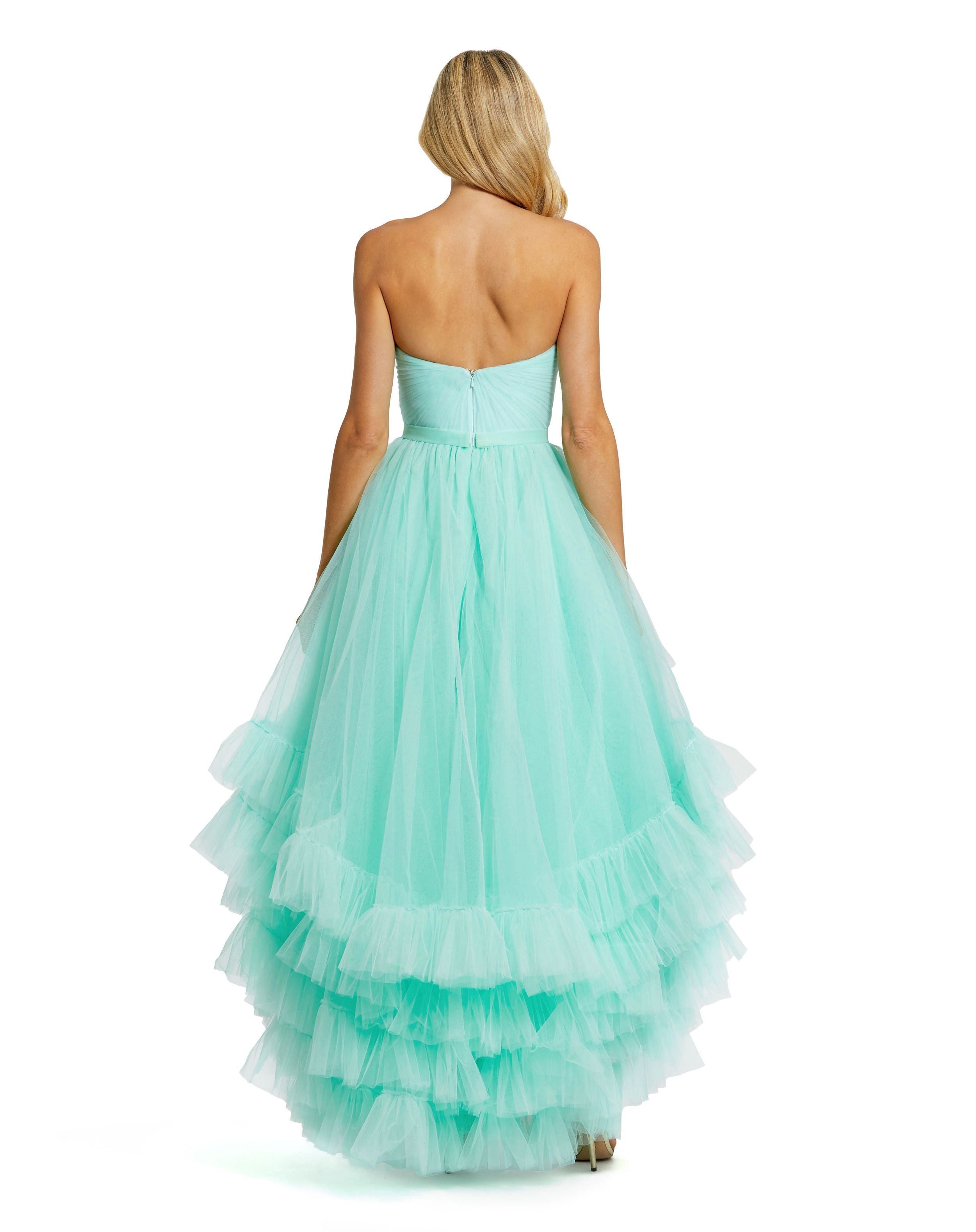 Strapless Ruched Sweetheart Ruffle High Low Gown