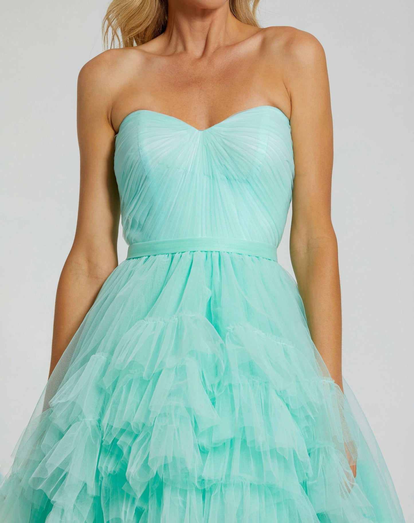 Strapless Ruched Sweetheart Ruffle High Low Gown