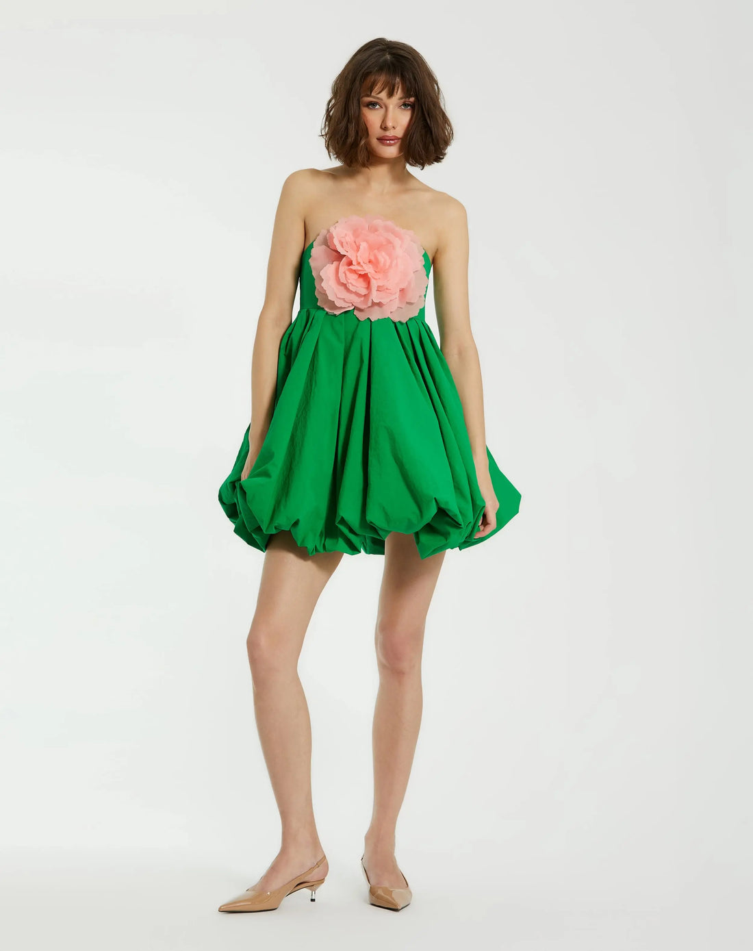Green Strapless Faille Mini Dress With 3D Flower | Mac Duggal Green Strapless Faille Mini Dress With 3D Flower | Mac Duggal