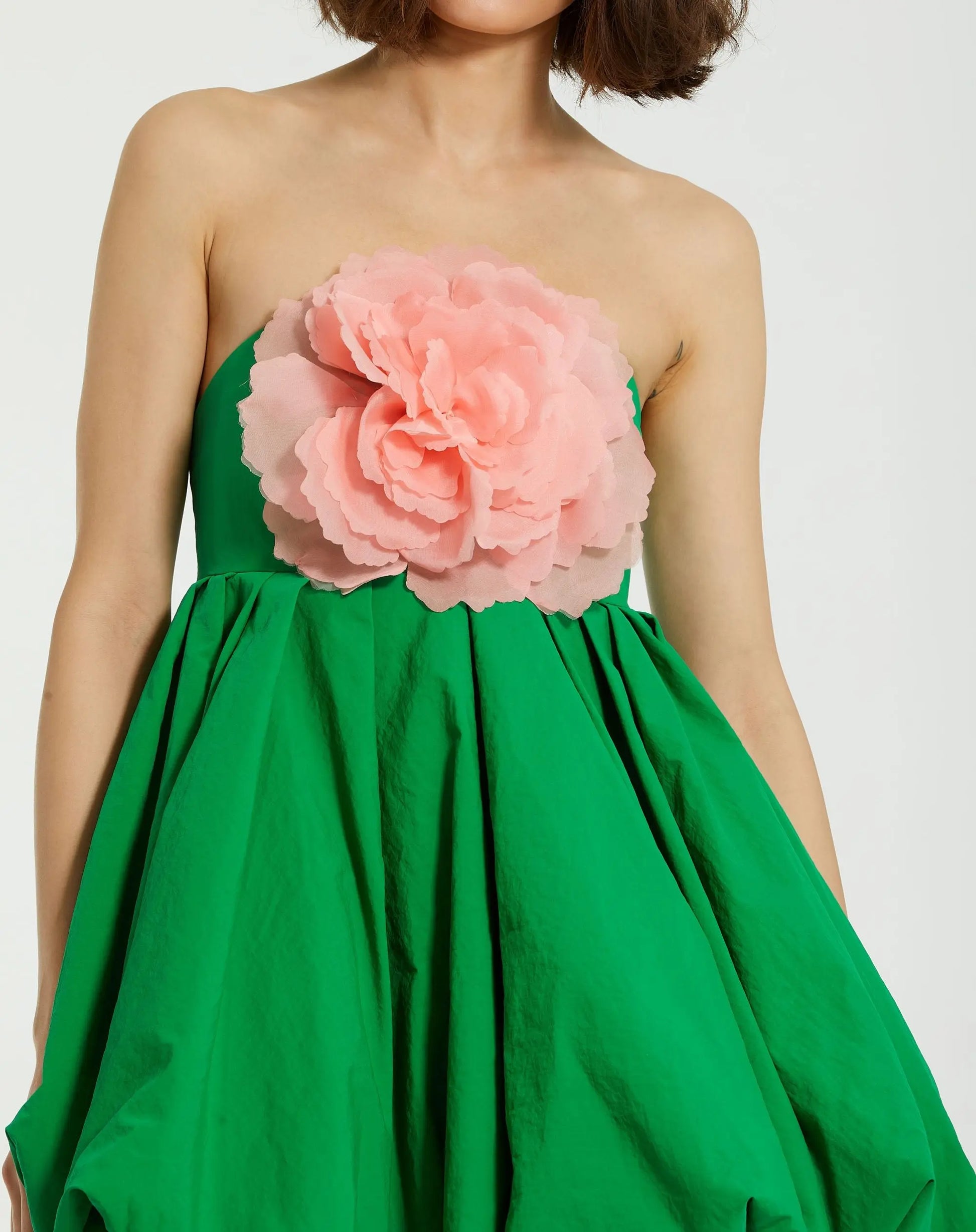 Green Strapless Faille Mini Dress With 3D Flower | Mac Duggal Green Strapless Faille Mini Dress With 3D Flower | Mac Duggal