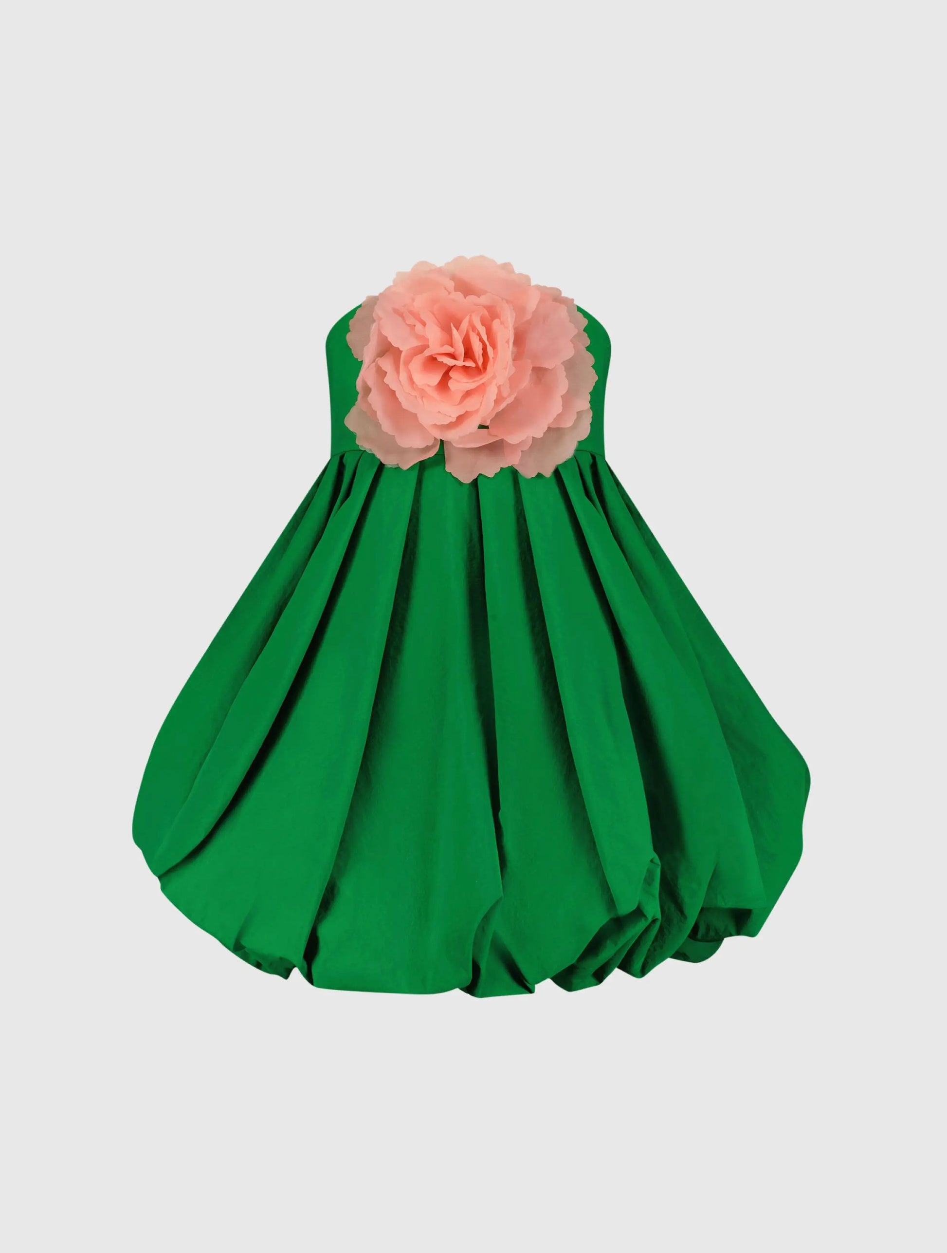 Green Strapless Faille Mini Dress With 3D Flower | Mac Duggal Green Strapless Faille Mini Dress With 3D Flower | Mac Duggal