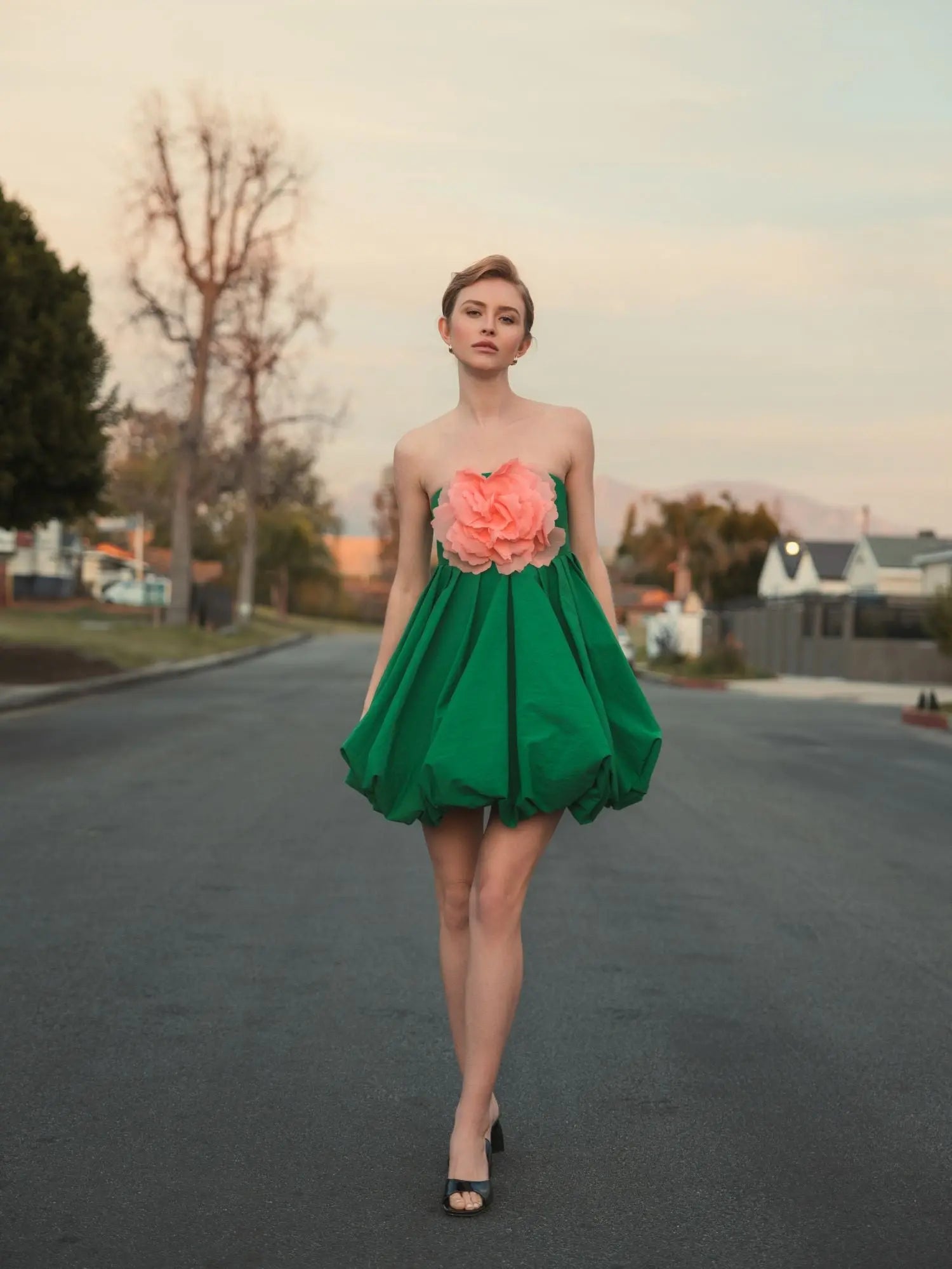 Green Strapless Faille Mini Dress With 3D Flower | Mac Duggal