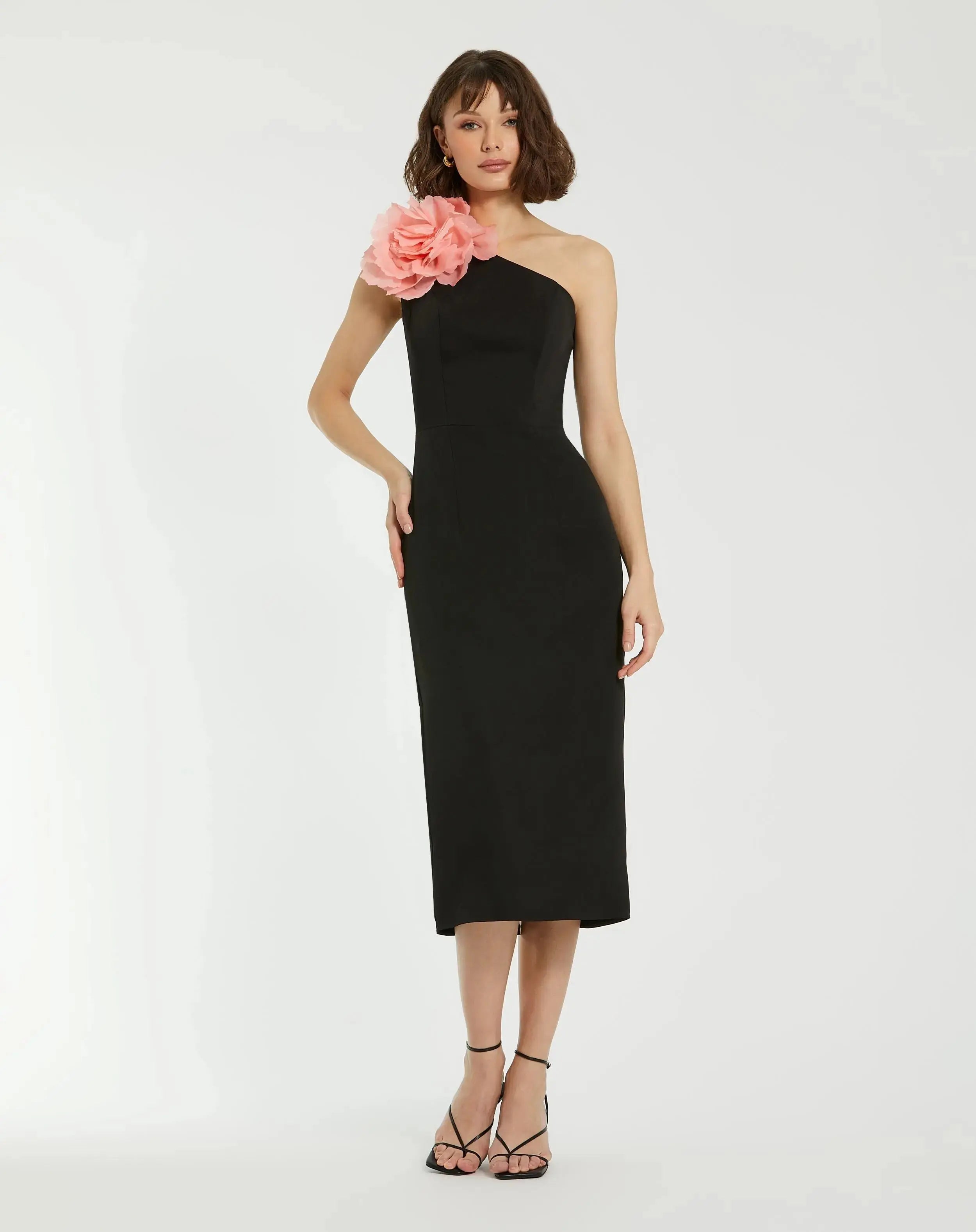 Black Crepe One Shoulder Midi Dress With Flower - Mac Duggal