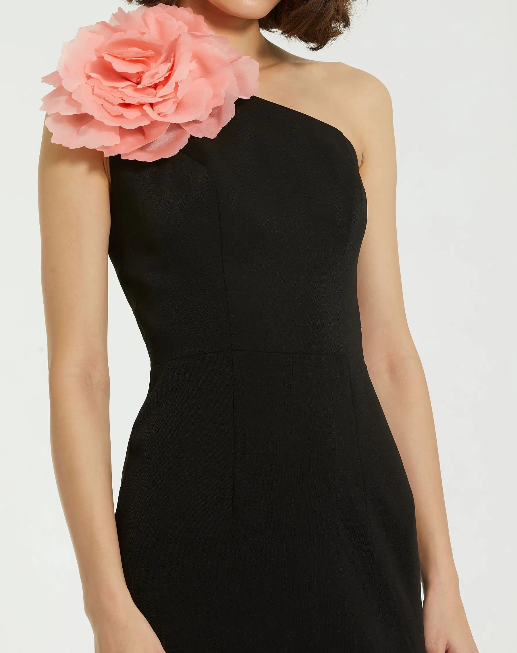 Black Crepe One Shoulder Midi Dress With Flower - Mac Duggal