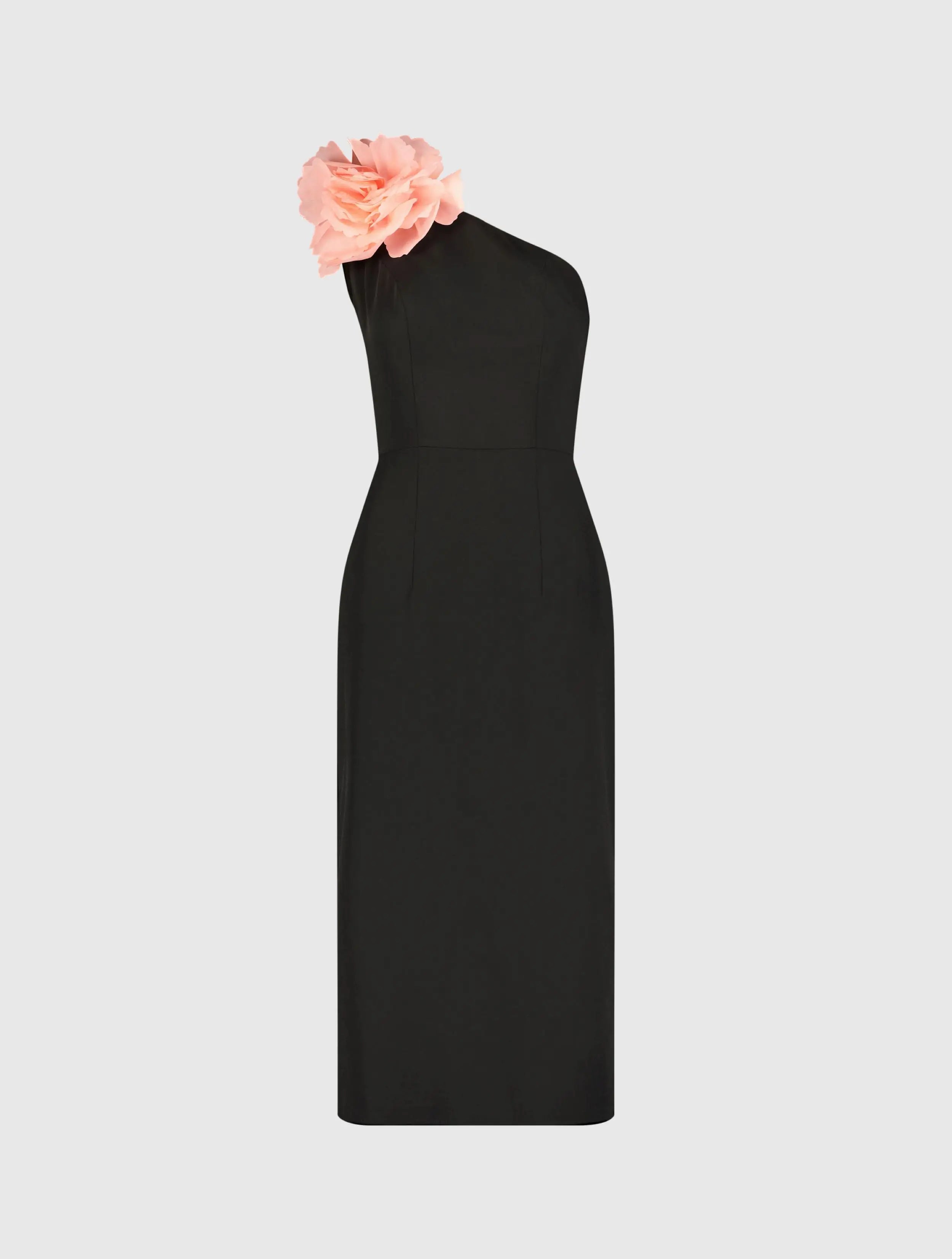 Black Crepe One Shoulder Midi Dress With Flower - Mac Duggal
