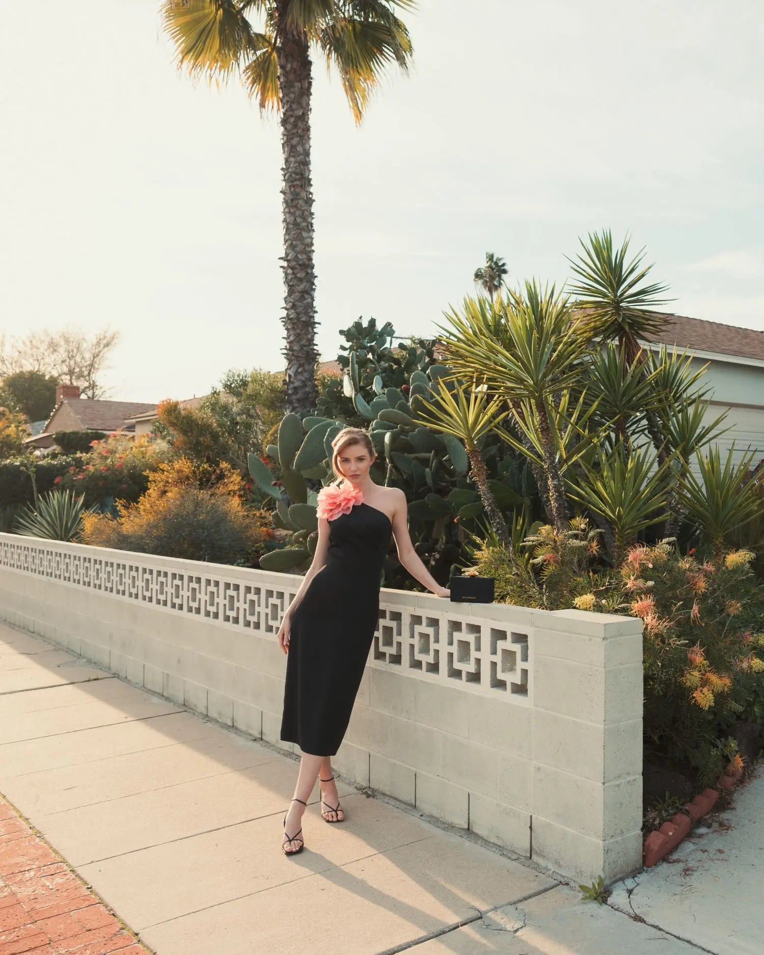 Black Crepe One Shoulder Midi Dress With Flower - Mac Duggal