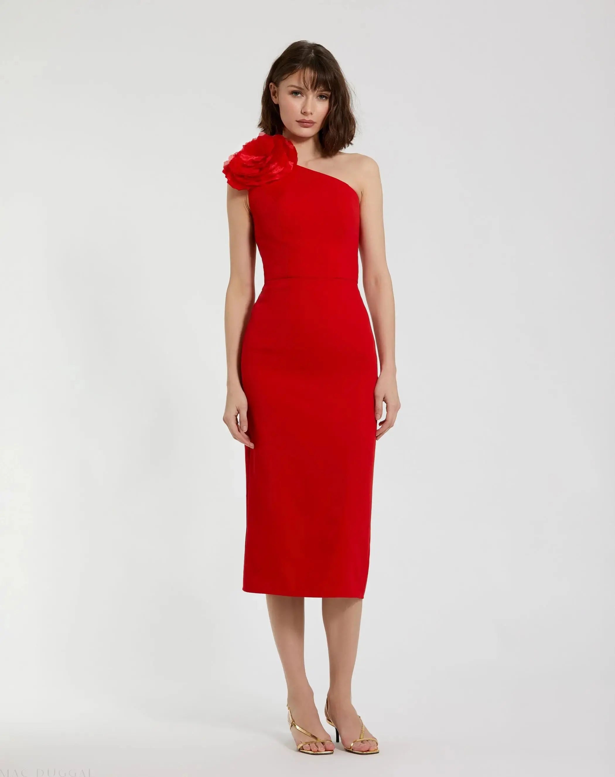 Red Crepe One Shoulder Midi Dress With Flower - Mac Duggal