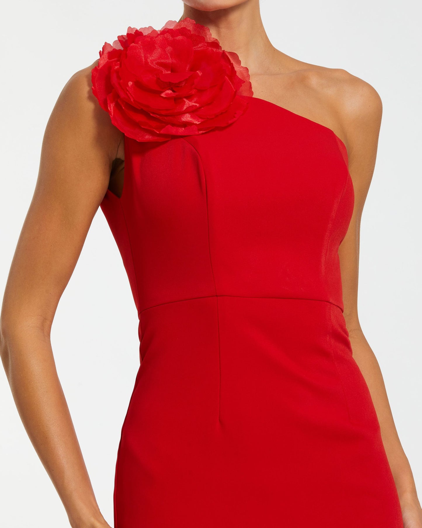 Crepe One Shoulder Midi Dress With Flower