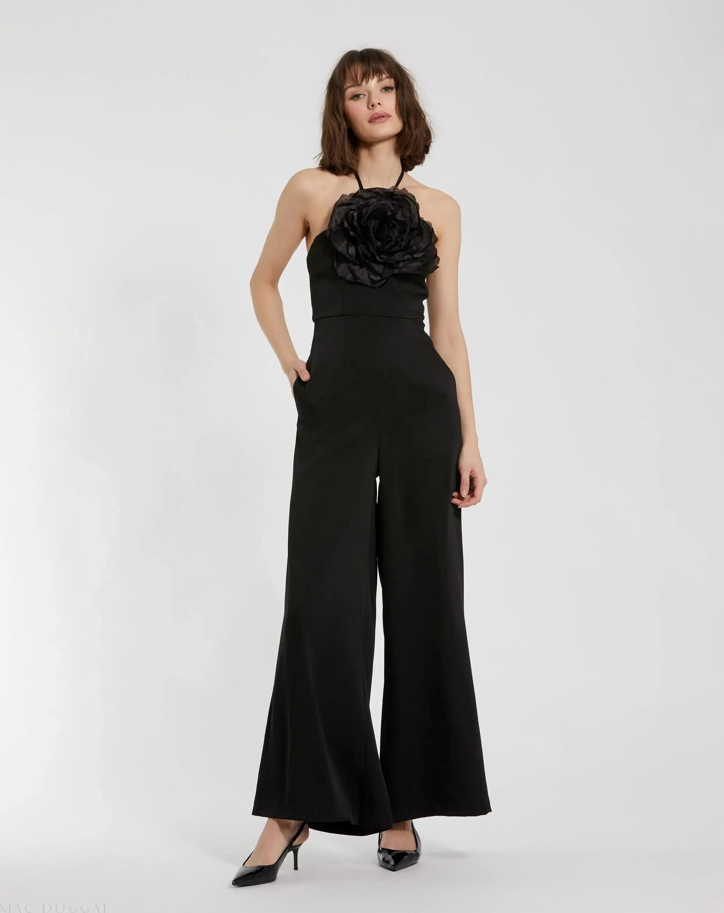 Black Crepe Halter Neck Jumpsuit With Flower - Mac Duggal