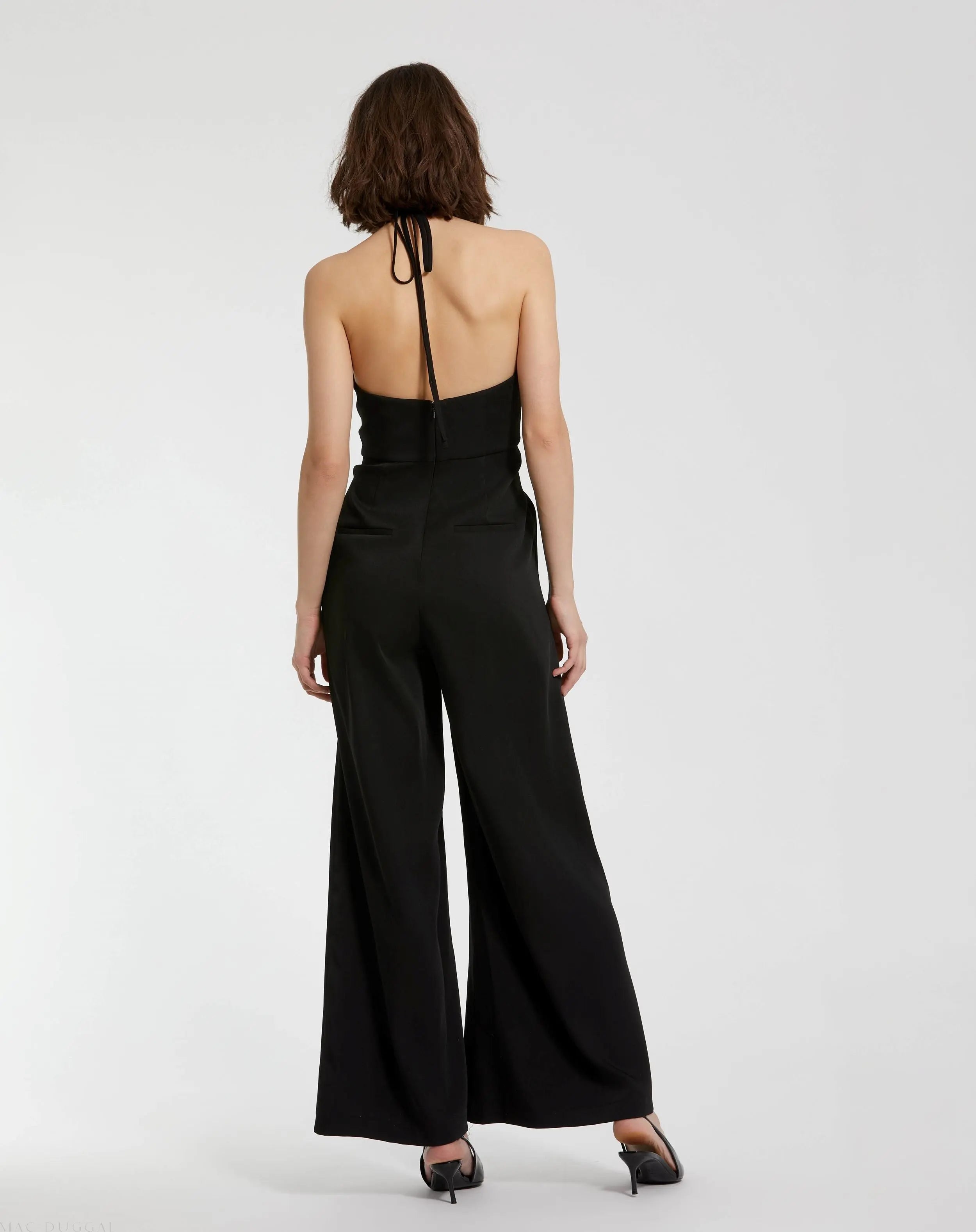 Black Crepe Halter Neck Jumpsuit With Flower - Mac Duggal