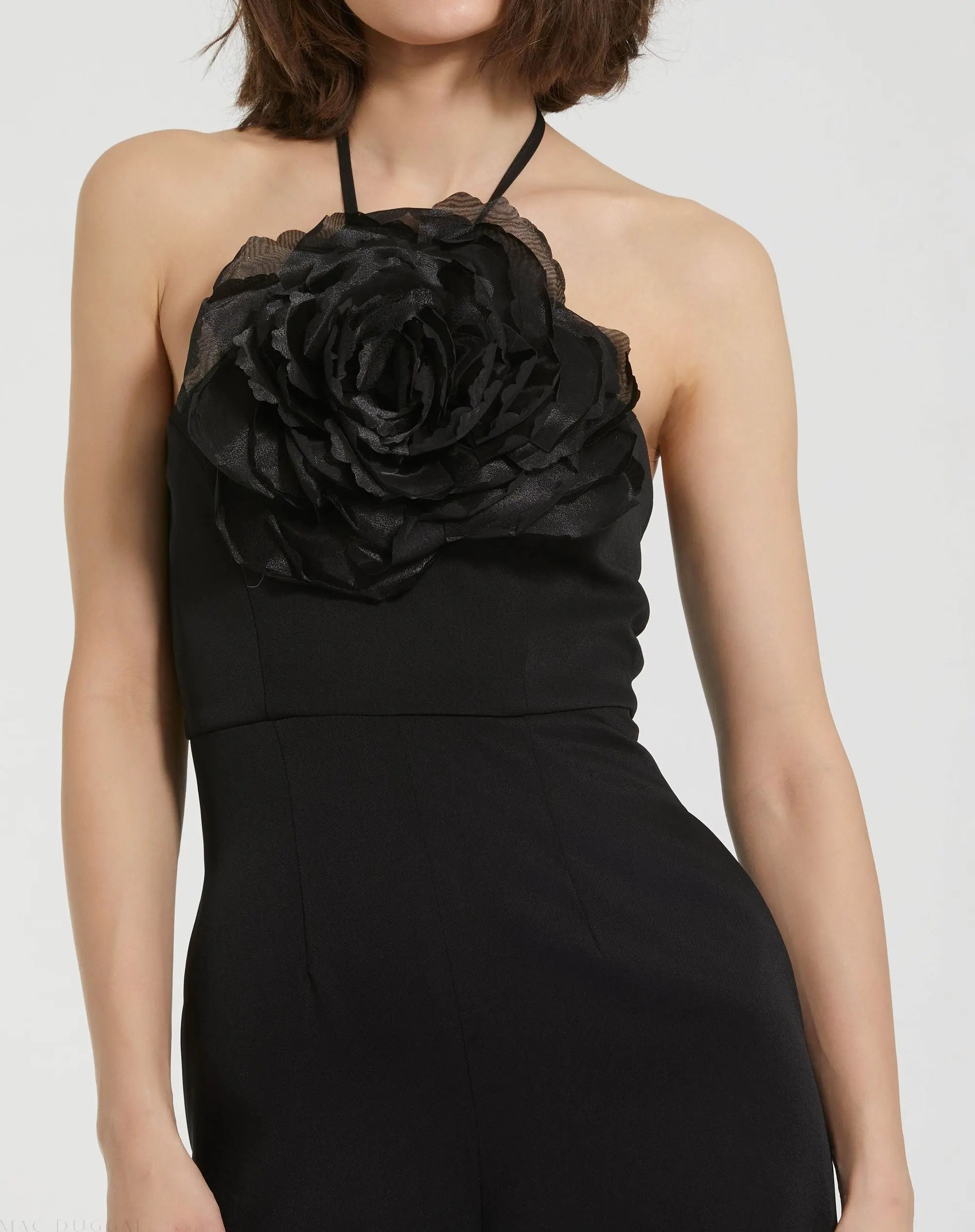 Black Crepe Halter Neck Jumpsuit With Flower - Mac Duggal