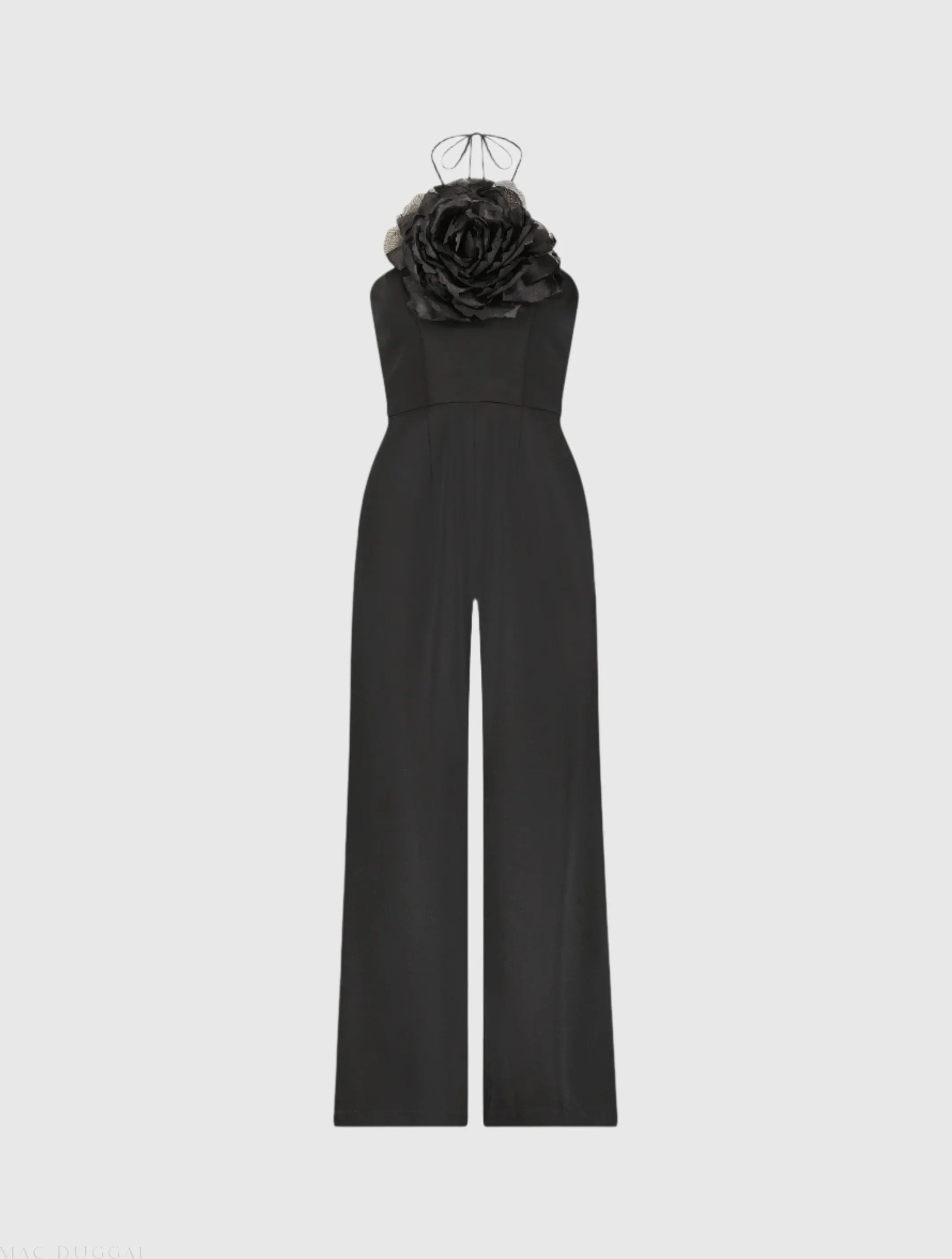 Black Crepe Halter Neck Jumpsuit With Flower - Mac Duggal