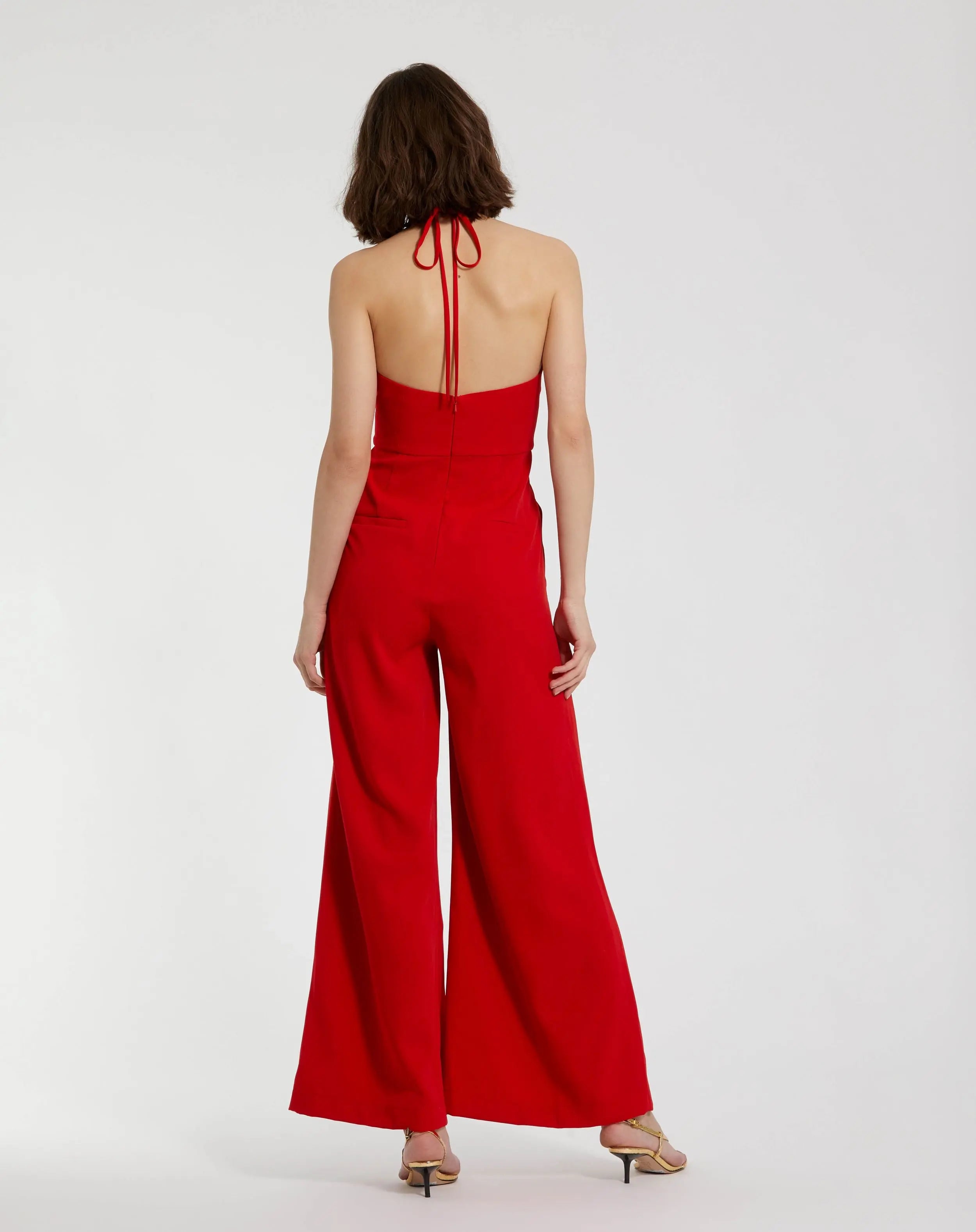 Red Crepe Halter Neck Jumpsuit With Flower - Mac Duggal