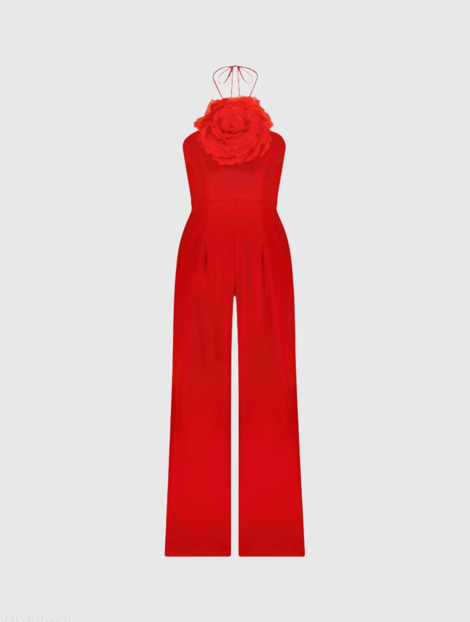 Red Halter Neck Crepe Jumpsuit With Flower | Mac Duggal Red Halter Neck Crepe Jumpsuit With Flower | Mac Duggal
