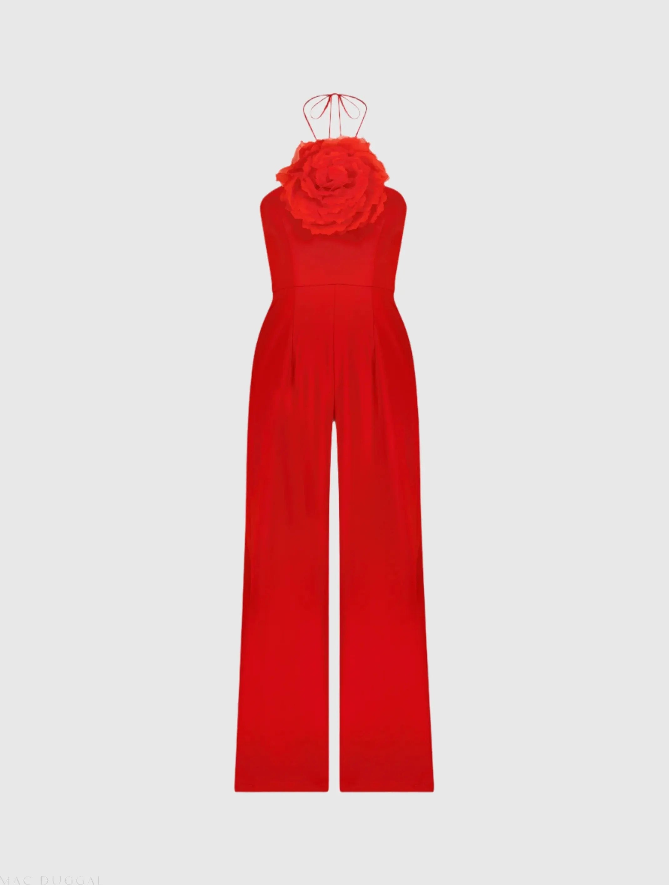 Red Crepe Halter Neck Jumpsuit With Flower - Mac Duggal