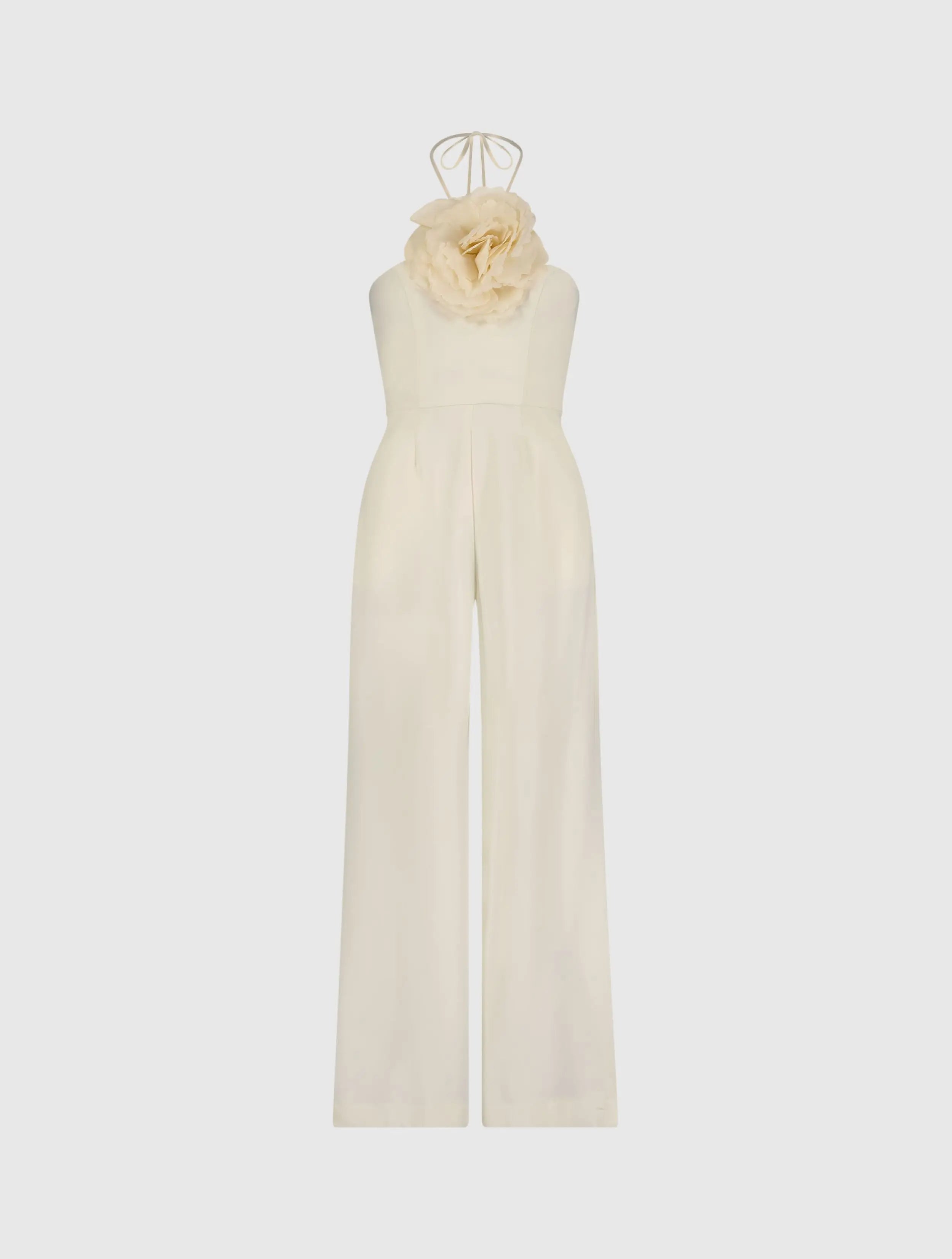 White Crepe Halter Neck Jumpsuit With Flower - Mac Duggal