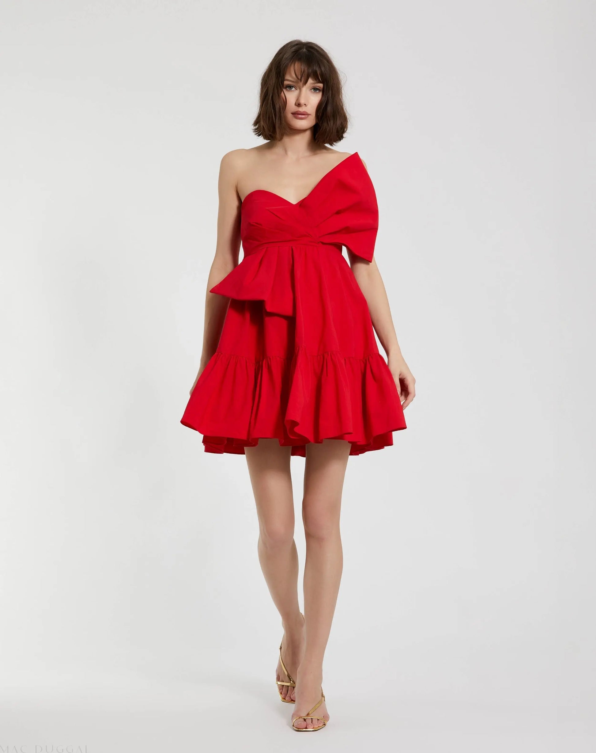 Red Faille Strapless Twist Bow Mini Dress - Mac Duggal Red Faille Strapless Twist Bow Mini Dress - Mac Duggal