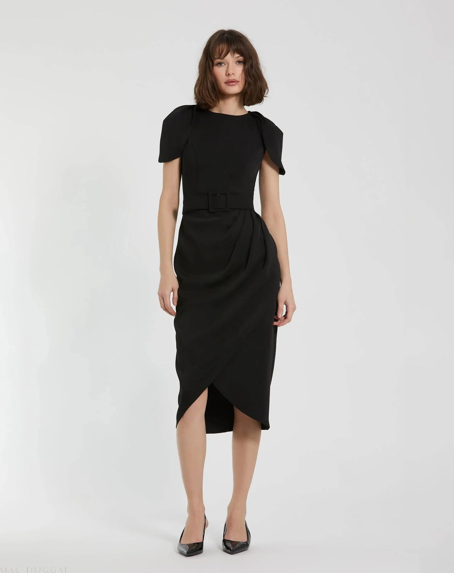 Crepe Boat Neck Midi Tulip Dress With Belt | Mac Duggal Crepe Boat Neck Midi Tulip Dress With Belt | Mac Duggal