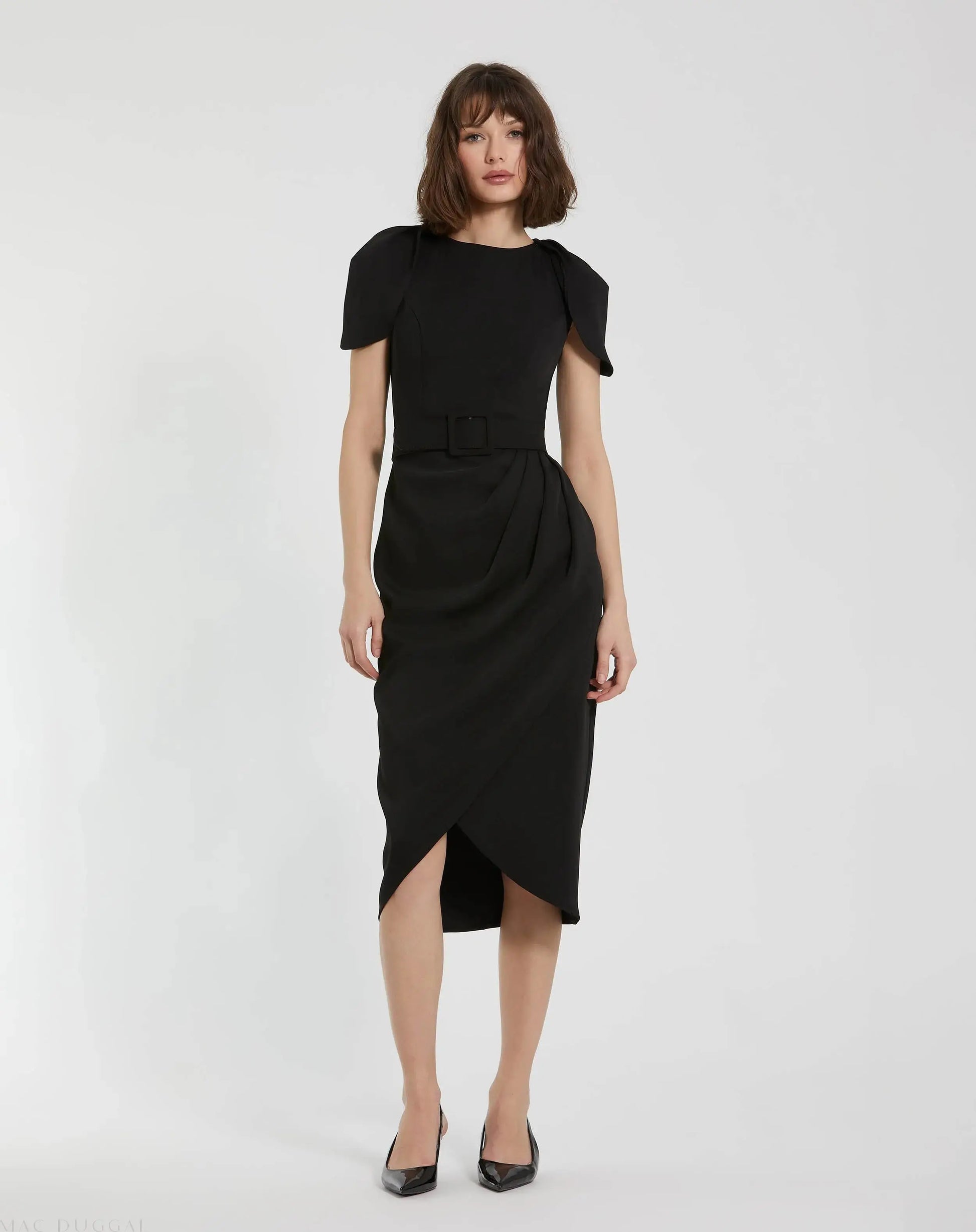Black Crepe Boat Neck Midi Tulip Dress With Belt - Mac Duggal Black Crepe Boat Neck Midi Tulip Dress With Belt - Mac Duggal