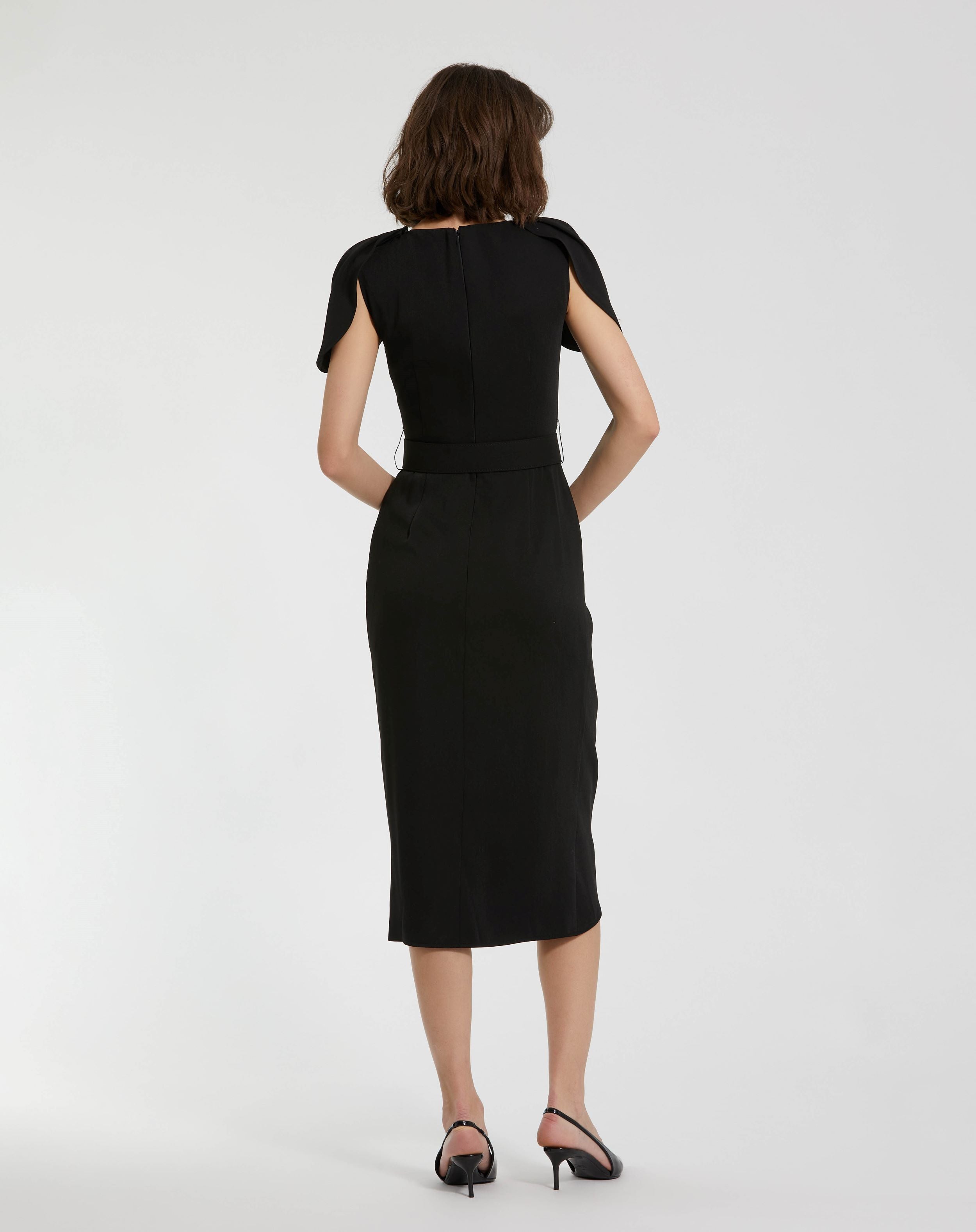 Crepe Boat Neck Midi Tulip Dress With Belt