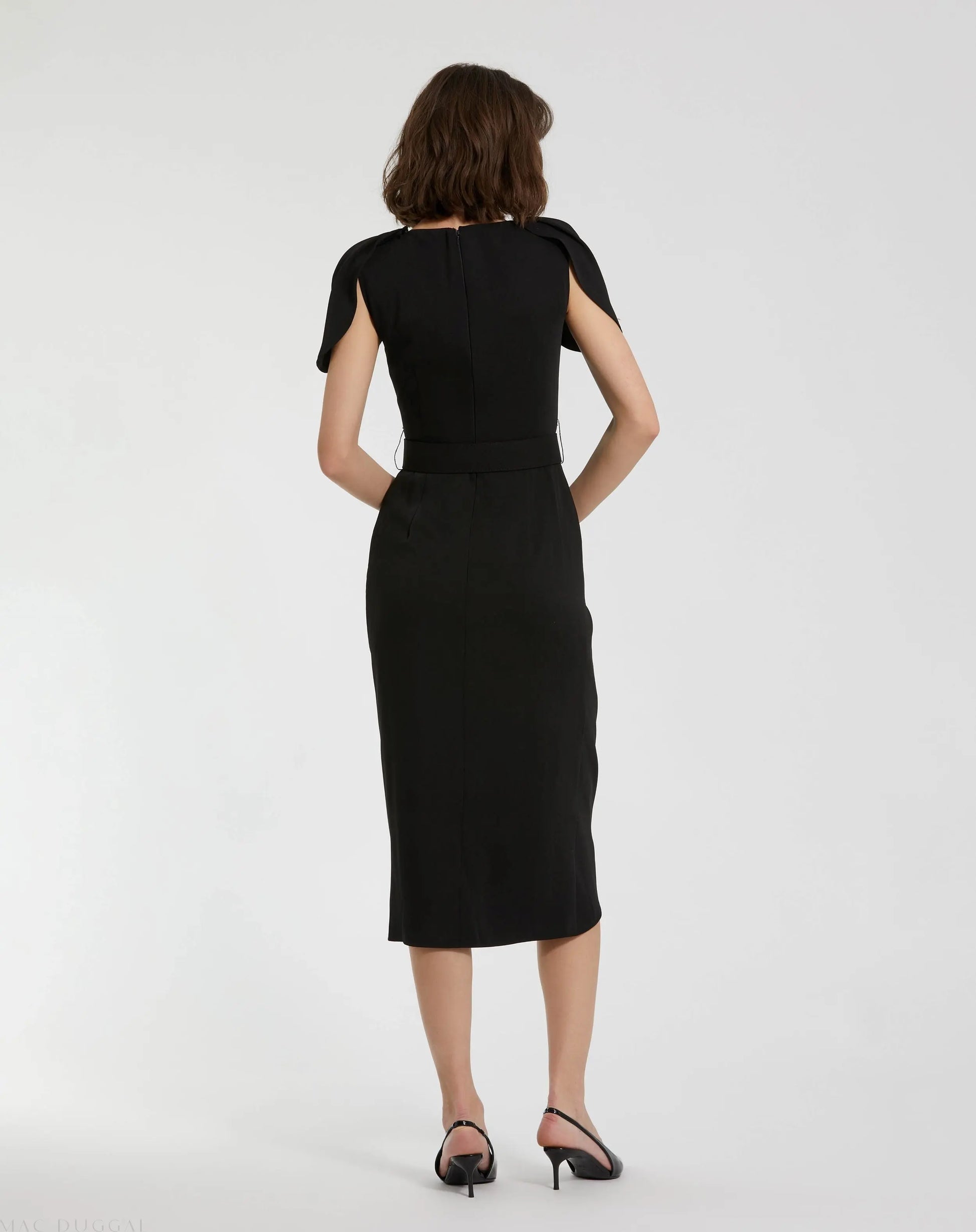 Black Crepe Boat Neck Midi Tulip Dress With Belt - Mac Duggal Black Crepe Boat Neck Midi Tulip Dress With Belt - Mac Duggal