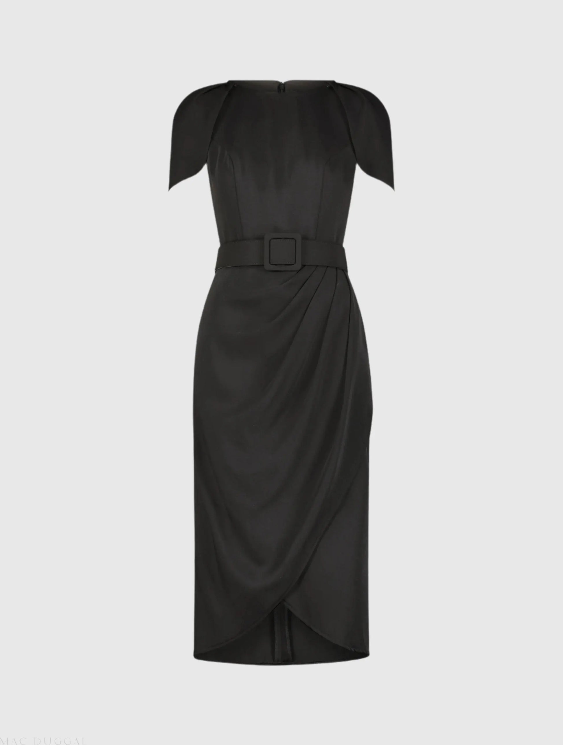 Black Crepe Boat Neck Midi Tulip Dress With Belt - Mac Duggal Black Crepe Boat Neck Midi Tulip Dress With Belt - Mac Duggal