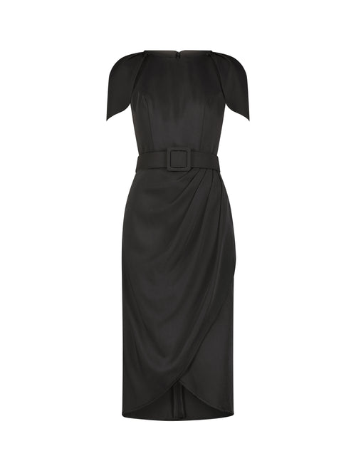 Crepe Boat Neck Midi Tulip Dress With Belt