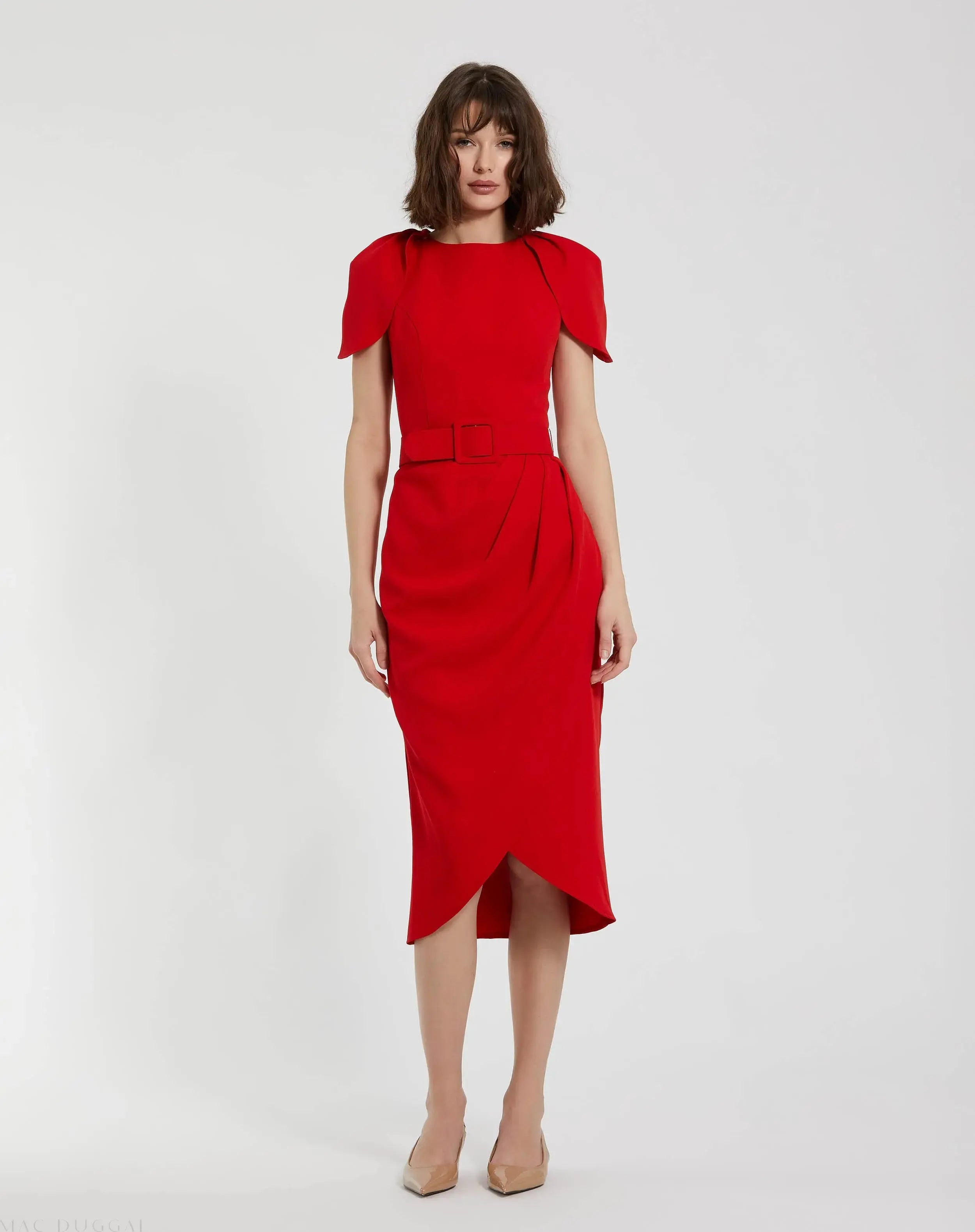 Red Crepe Boat Neck Midi Tulip Dress With Belt - Mac Duggal