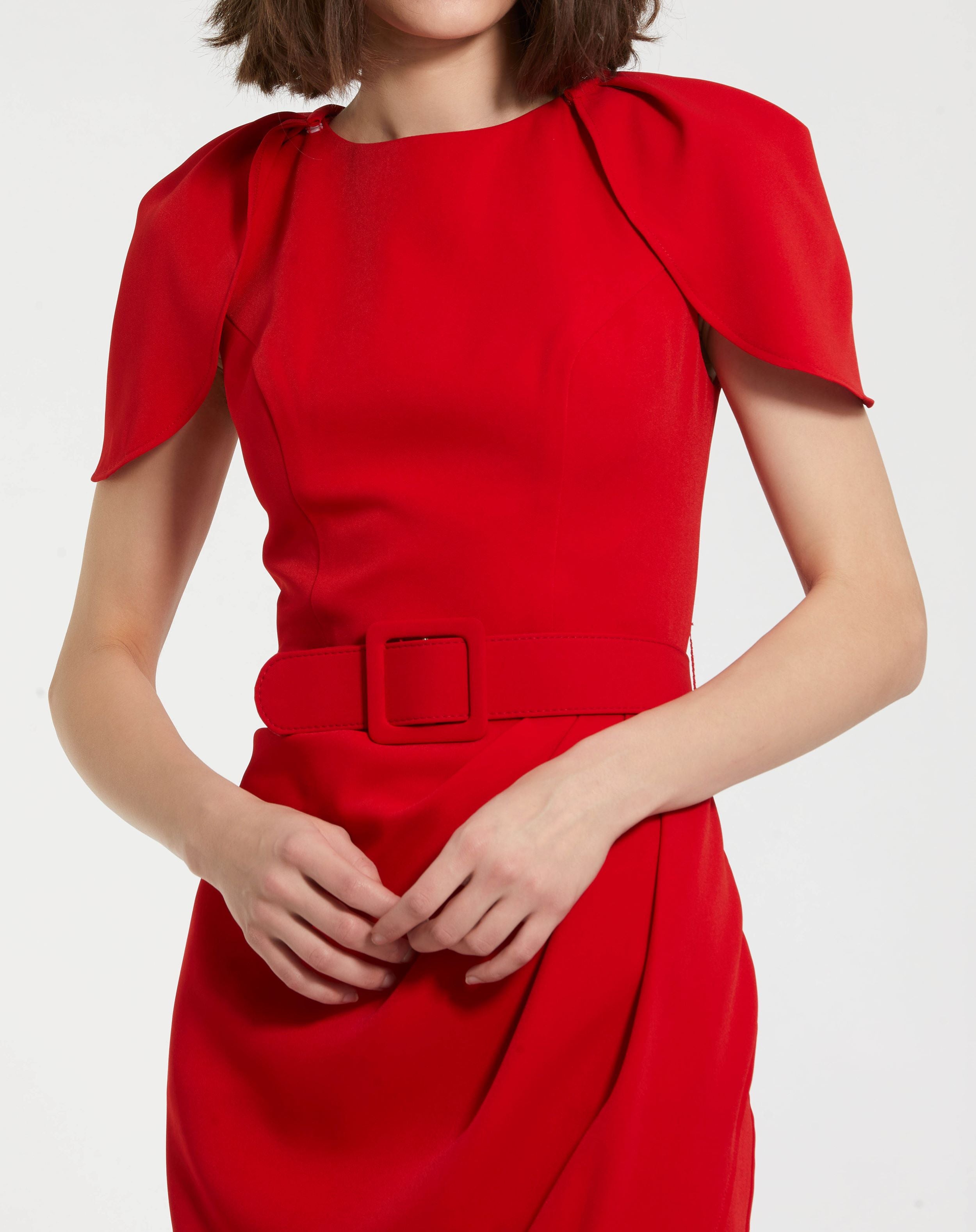 Crepe Boat Neck Midi Tulip Dress With Belt