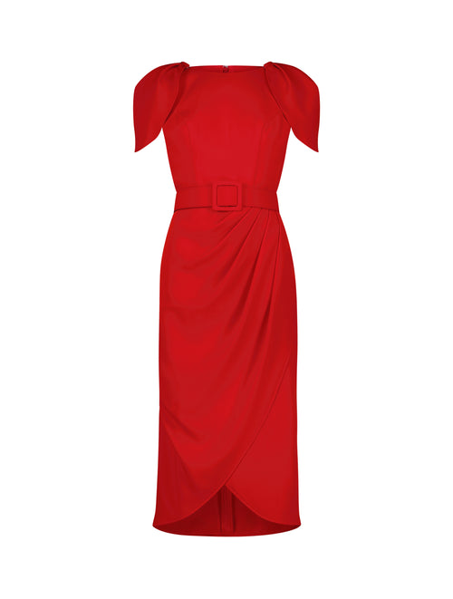 Crepe Boat Neck Midi Tulip Dress With Belt