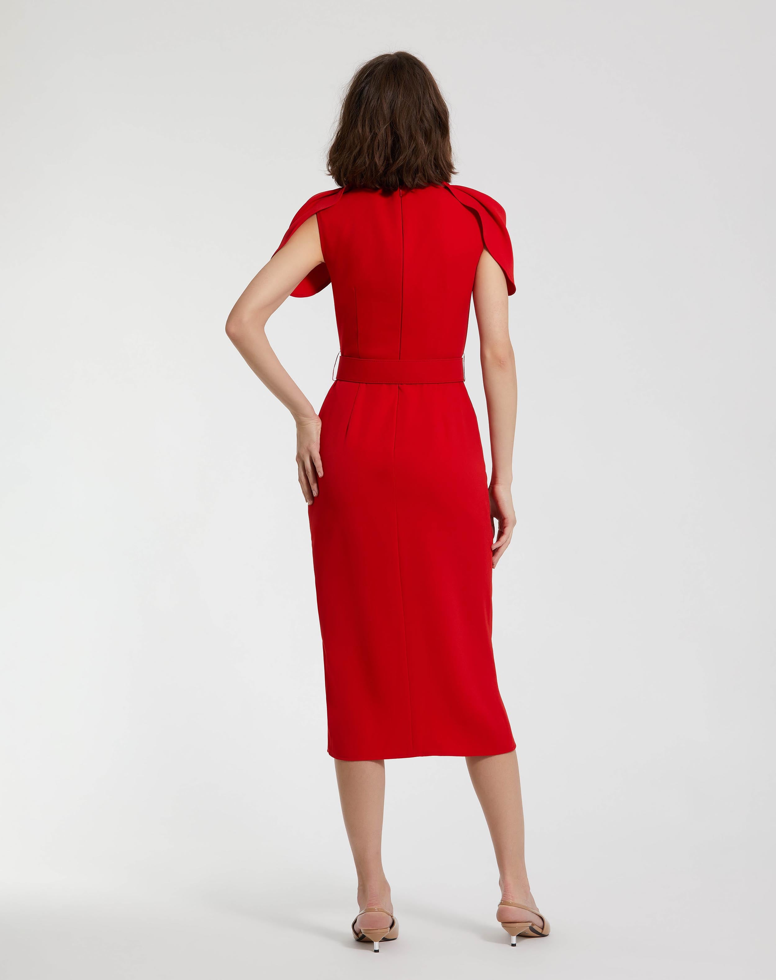 Crepe Boat Neck Midi Tulip Dress With Belt