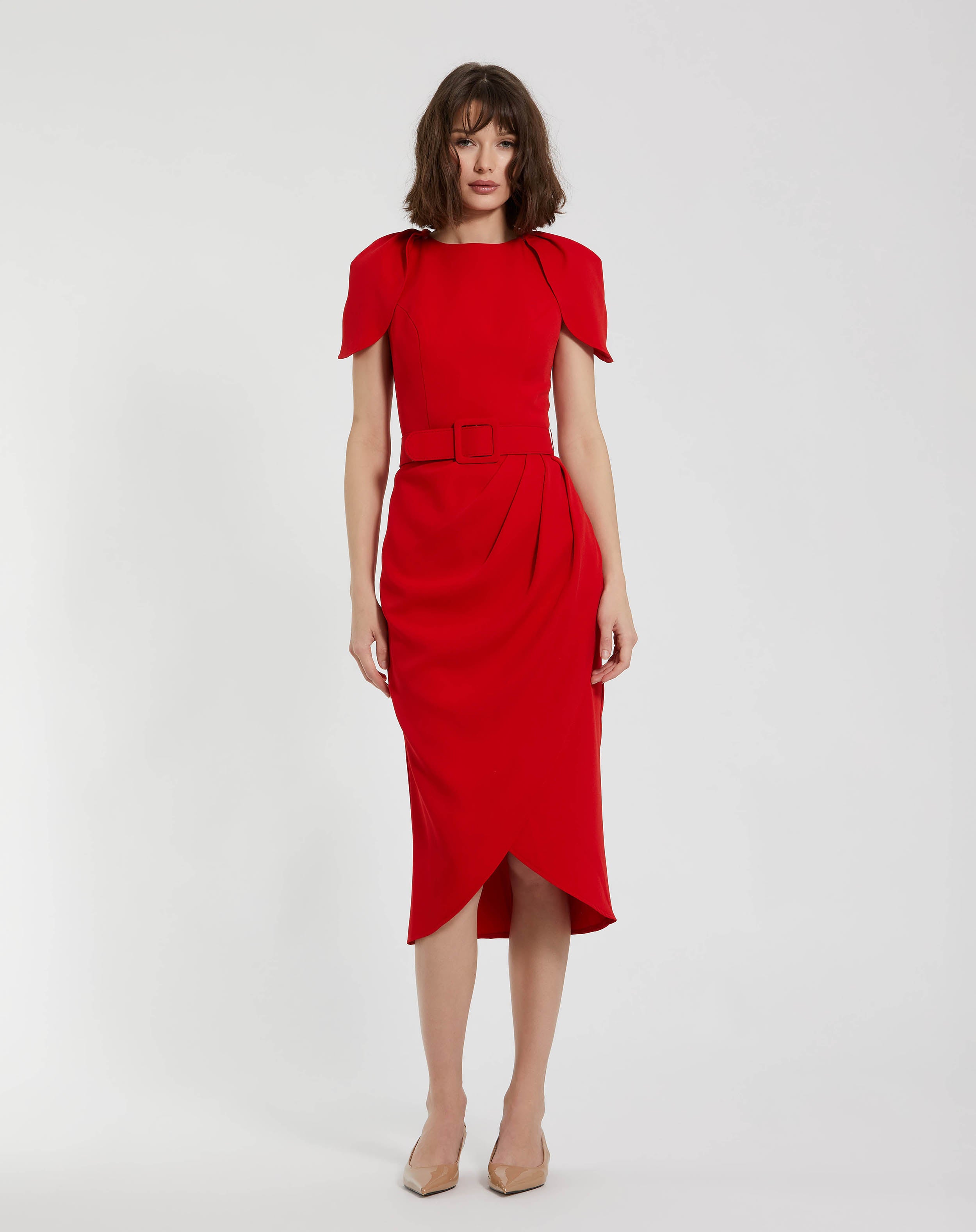 Crepe Boat Neck Midi Tulip Dress With Belt