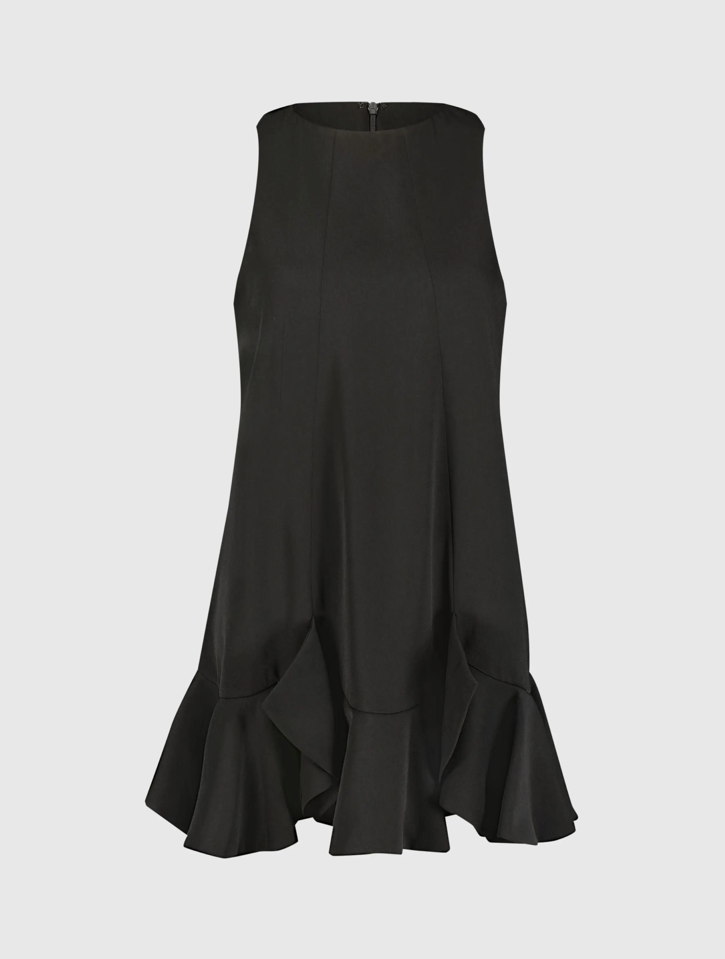 The Mia High Neck Sleeveless Crepe Mini Dress With Ruffle Hem - Mac Mac Duggal The Mia High Neck Sleeveless Crepe Mini Dress With Ruffle Hem - Mac Mac Duggal