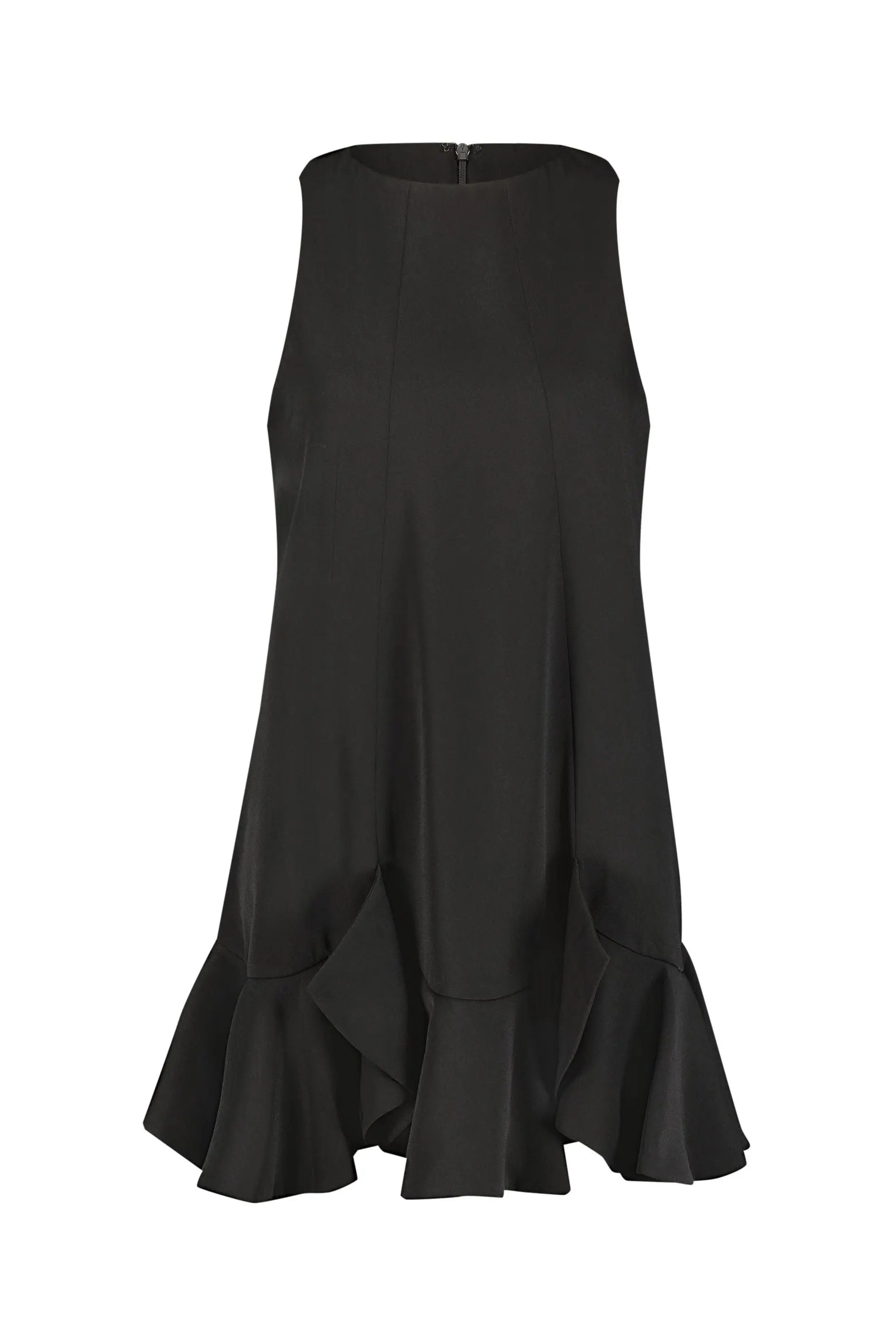 ruffle hem mini dress The Mia High Neck Sleeveless Crepe Mini Dress With Ruffle Hem