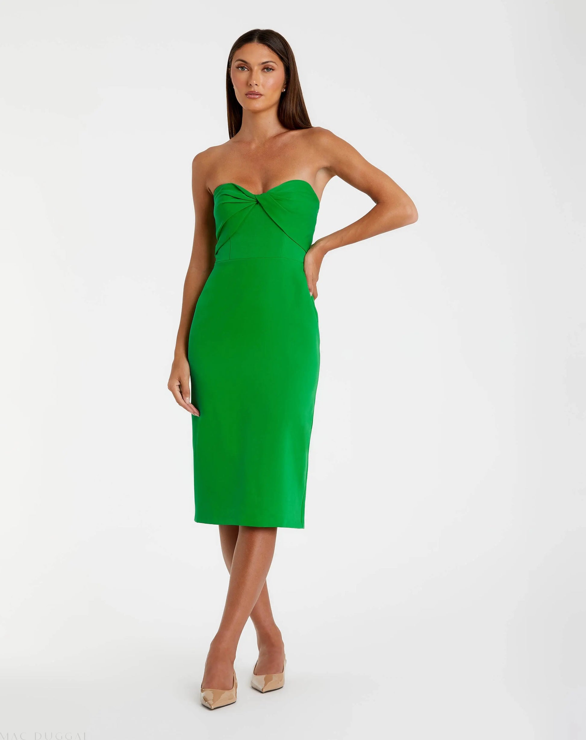 Green Crepe Strapless Twist Top Fitted Midi Dress - Mac Duggal Green Crepe Strapless Twist Top Fitted Midi Dress - Mac Duggal