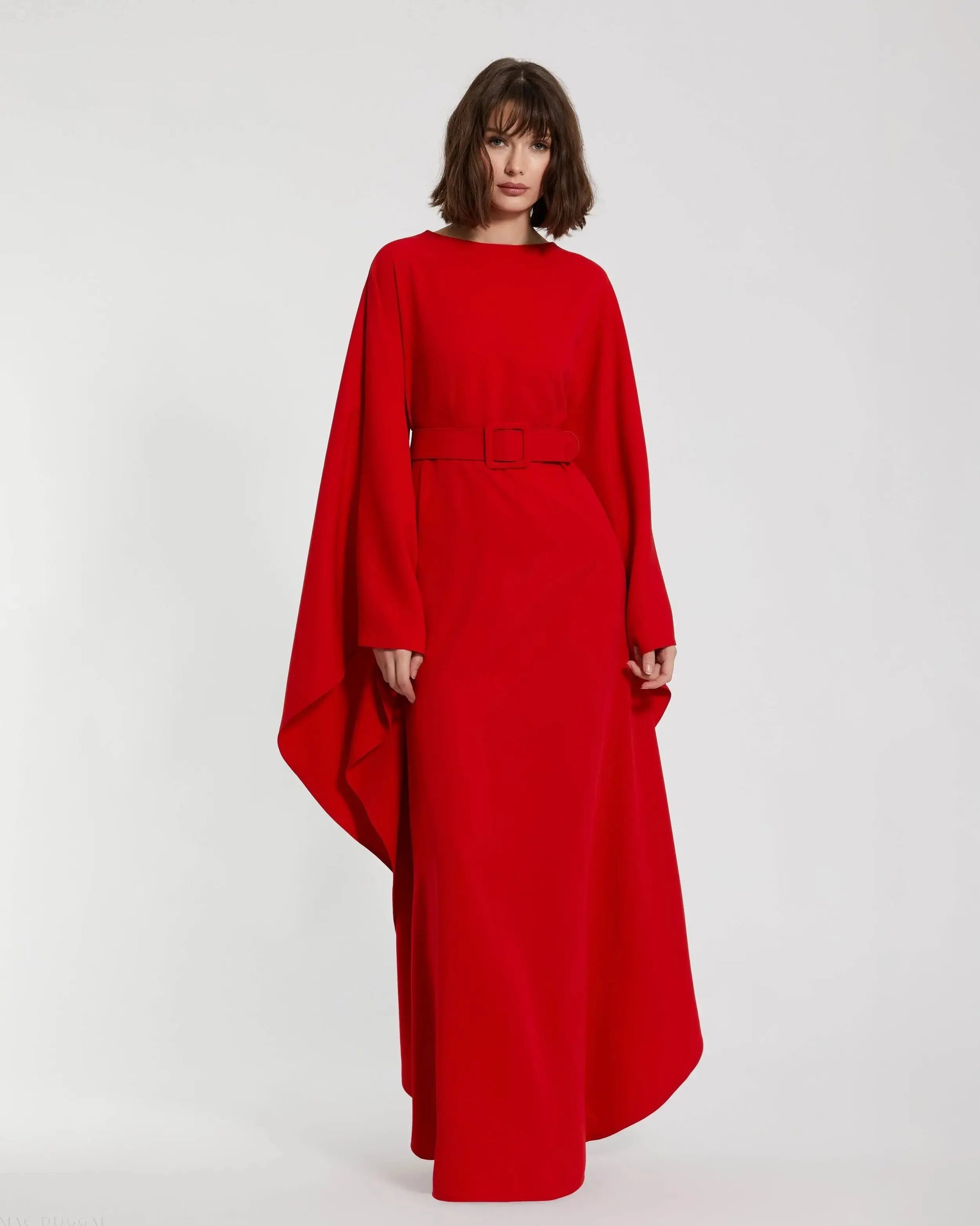 Red Crepe Boat Neck Kaftan Maxi Dress With Belt | Mac Duggal Red Crepe Boat Neck Kaftan Maxi Dress With Belt | Mac Duggal
