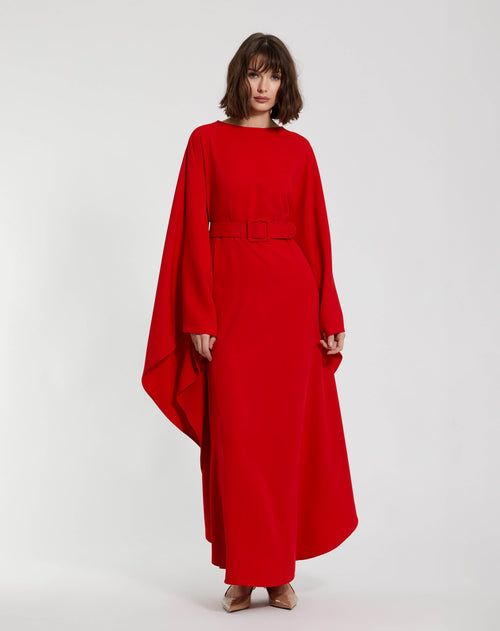 Crepe Boat Neck Shawl Gown With Belt