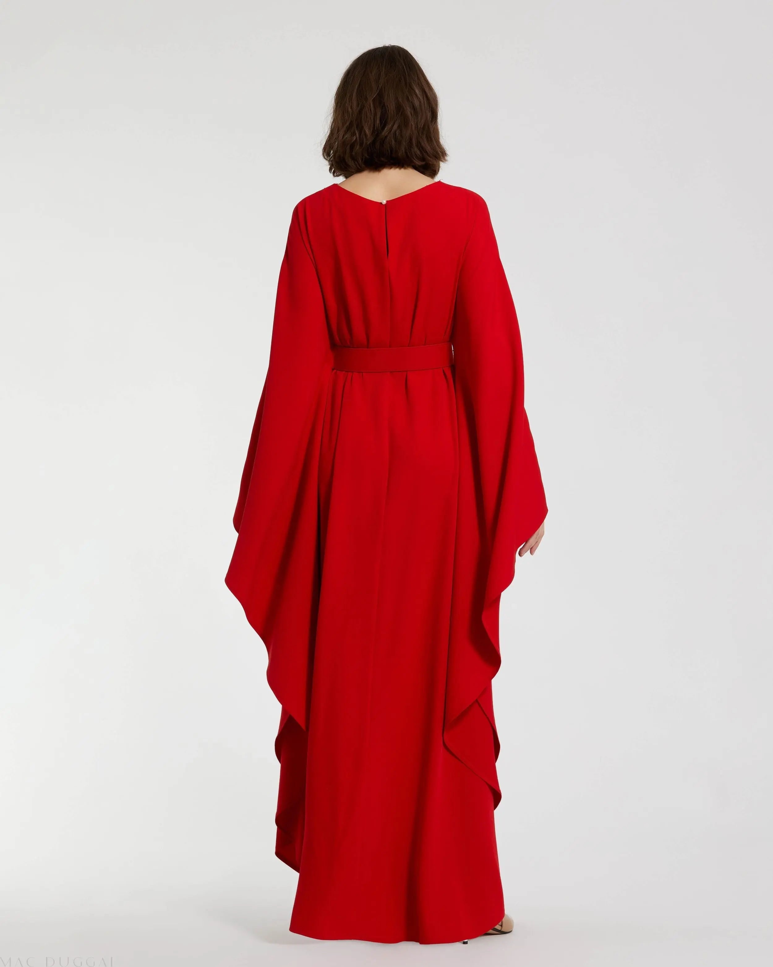 Red Crepe Boat Neck Caftan Maxi Dress With Belt - Mac Duggal