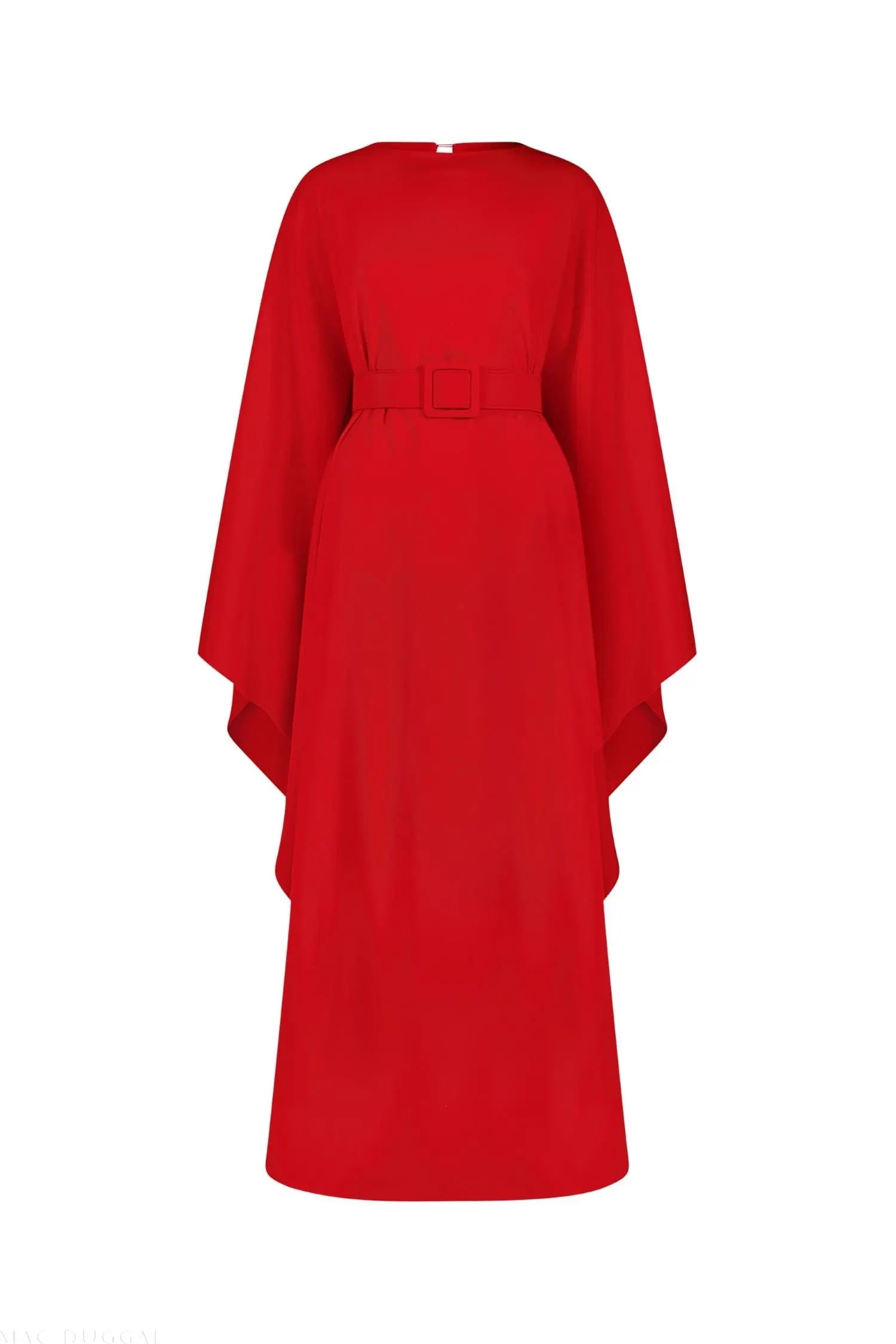 Red Crepe Boat Neck Caftan Maxi Dress With Belt - Mac Duggal