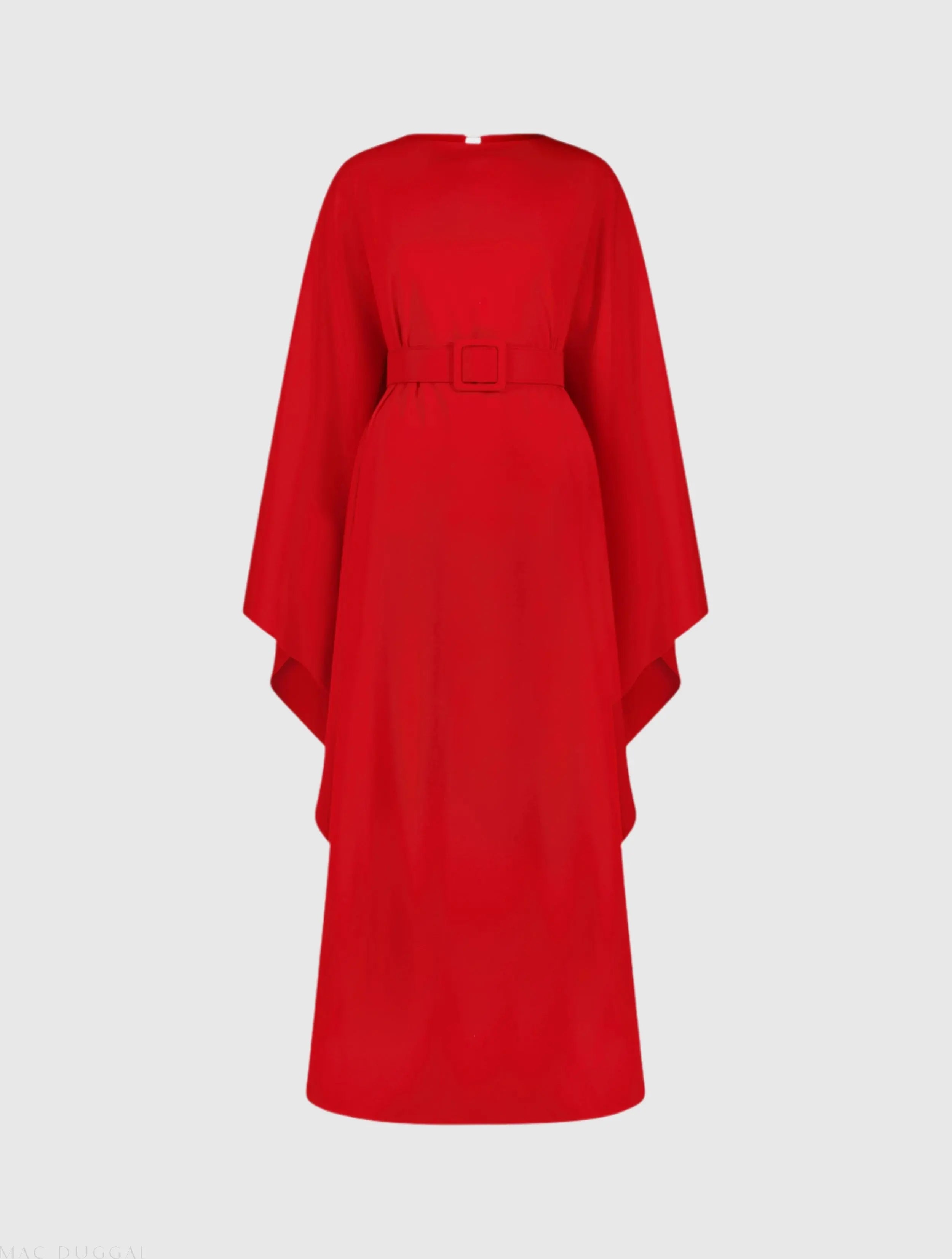 Red Crepe Boat Neck Caftan Maxi Dress With Belt - Mac Duggal