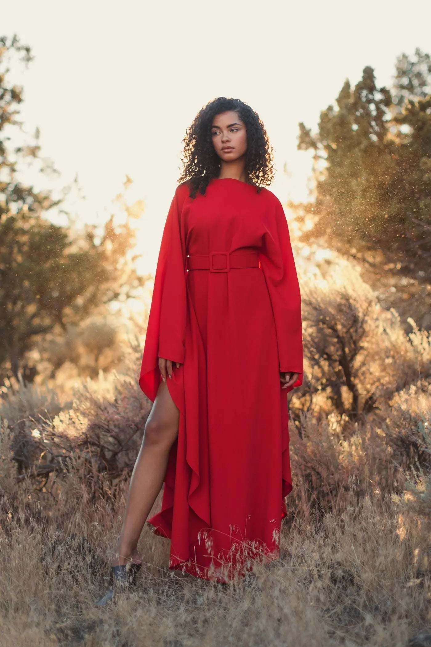 Red Crepe Boat Neck Kaftan Maxi Dress With Belt | Mac Duggal Red Crepe Boat Neck Kaftan Maxi Dress With Belt | Mac Duggal