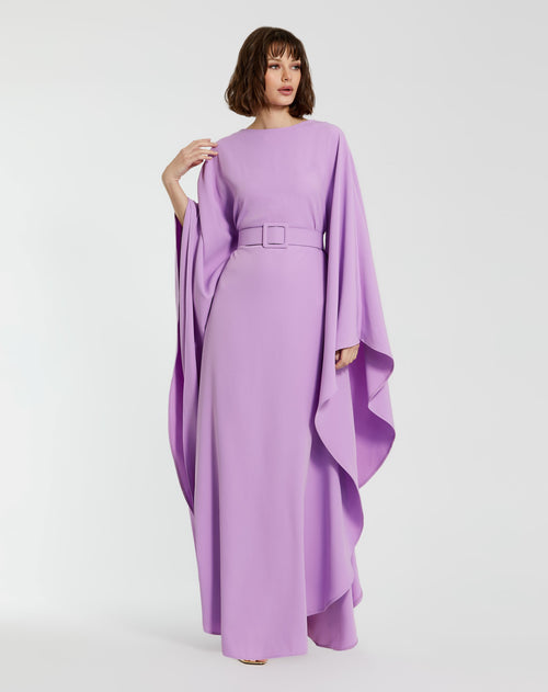 Crepe Boat Neck Crepe Caftan Dress With Belt