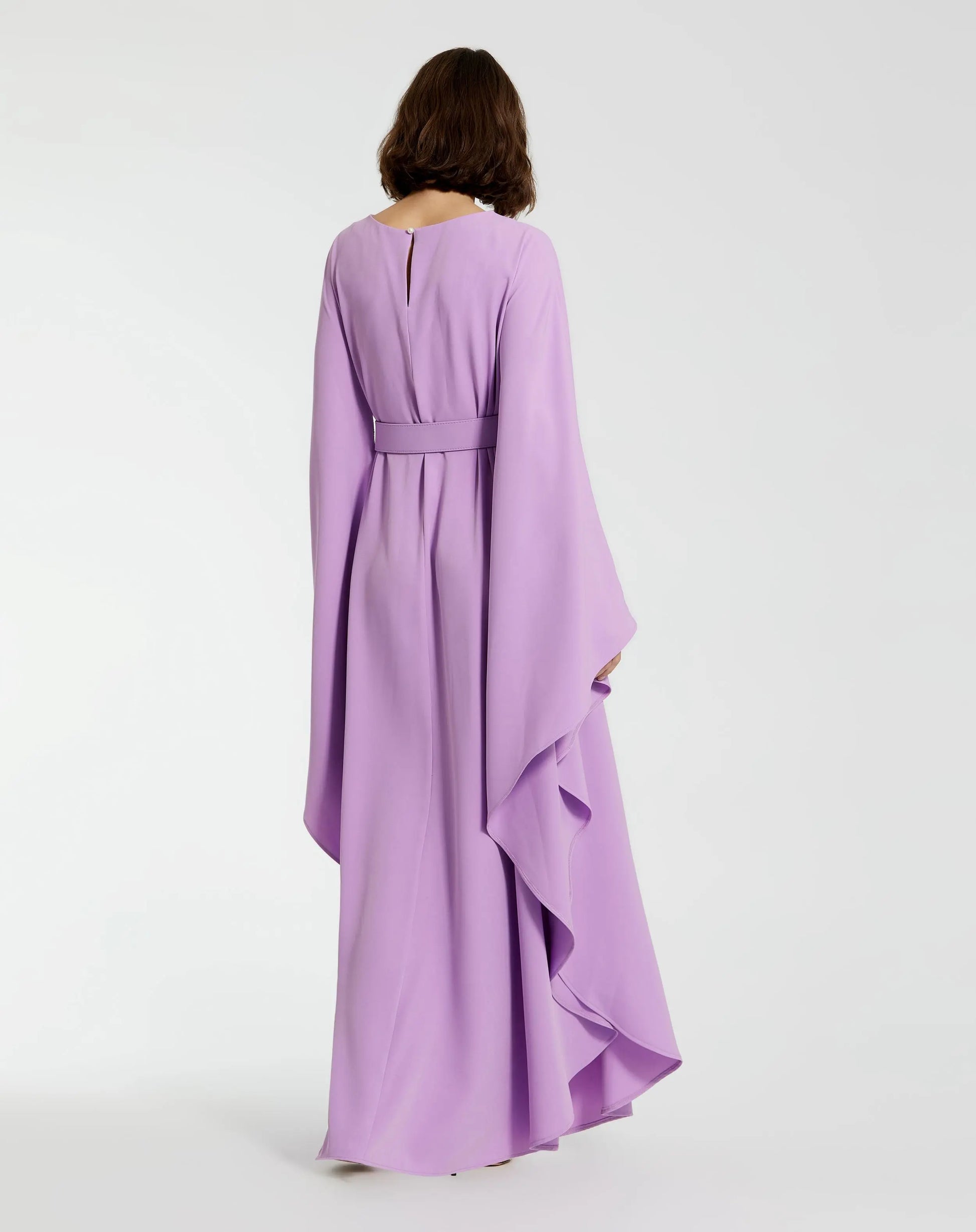 Purple Crepe Boat Neck Kaftan Dress With Belt | Mac Duggal Purple Crepe Boat Neck Kaftan Dress With Belt | Mac Duggal