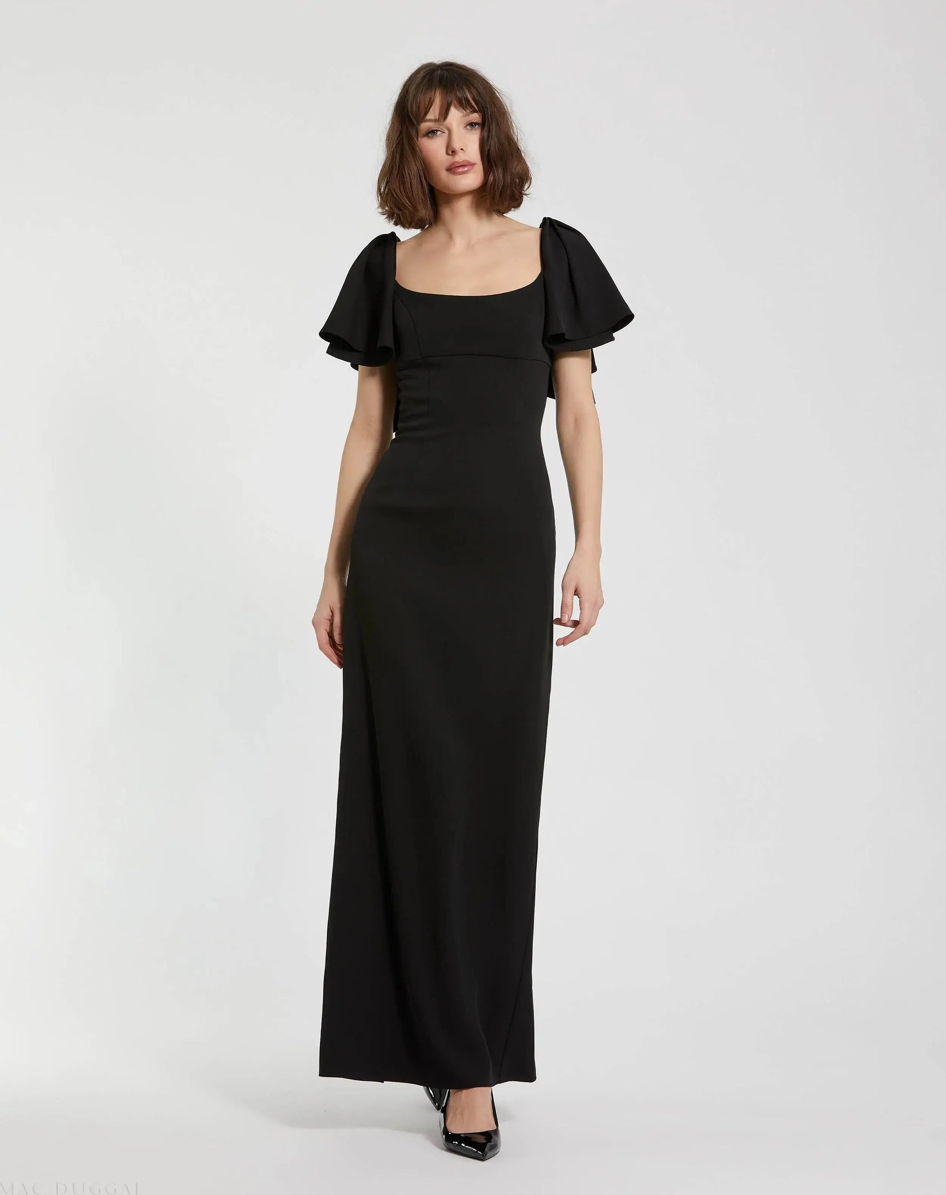Crepe Fitted Long Dress With Short Ruffle Sleeves Crepe Fitted Long Dress With Short Ruffle Sleeves