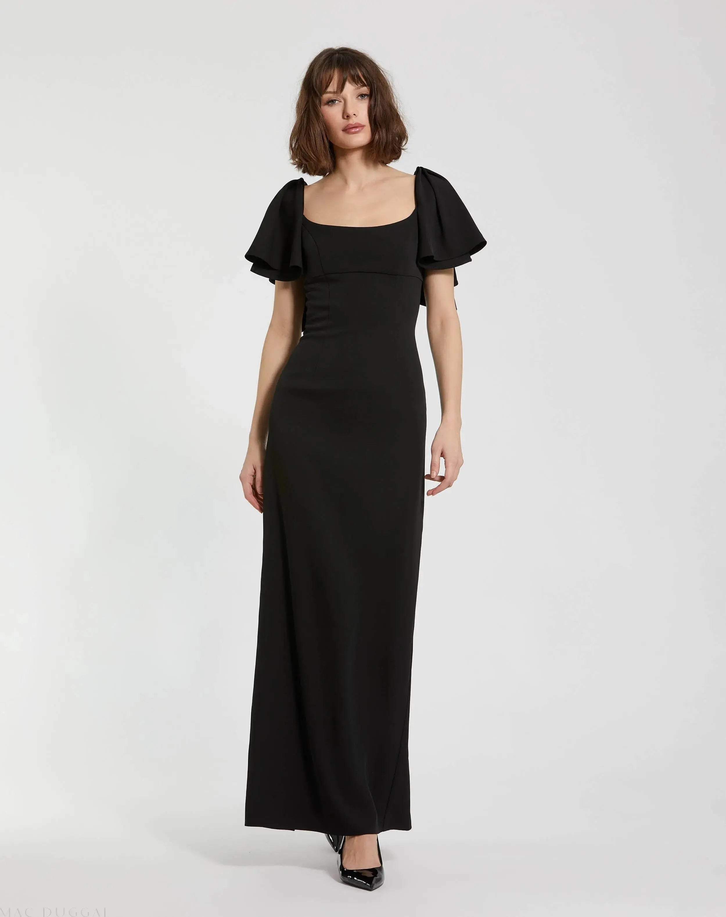 Black Crepe Fitted Long Dress With Short Ruffle Sleeves - Mac Duggal 